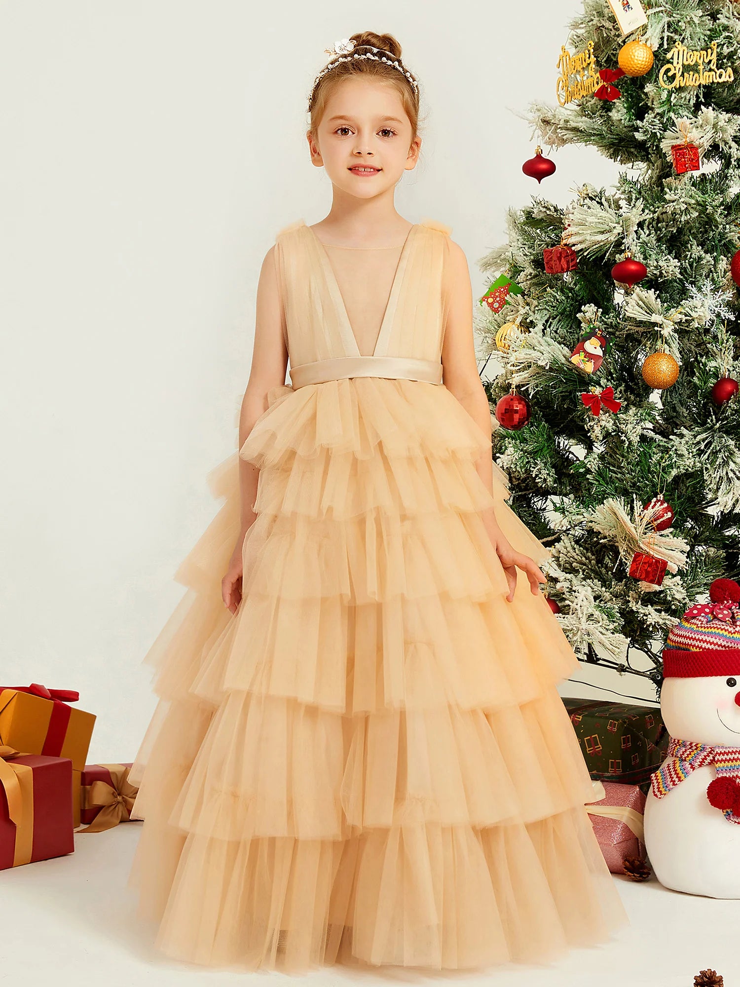 Sleeveless Illusion Deep V Multi Layer Ruffle Tulle Champagne Floor Length Flower Girl Dresses