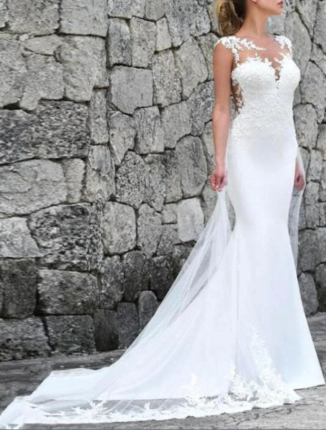 Sleeveless Illusion Floral Lace Mermaid Wedding Dress With Open Back Sheer Tulle Lace Chapel Train