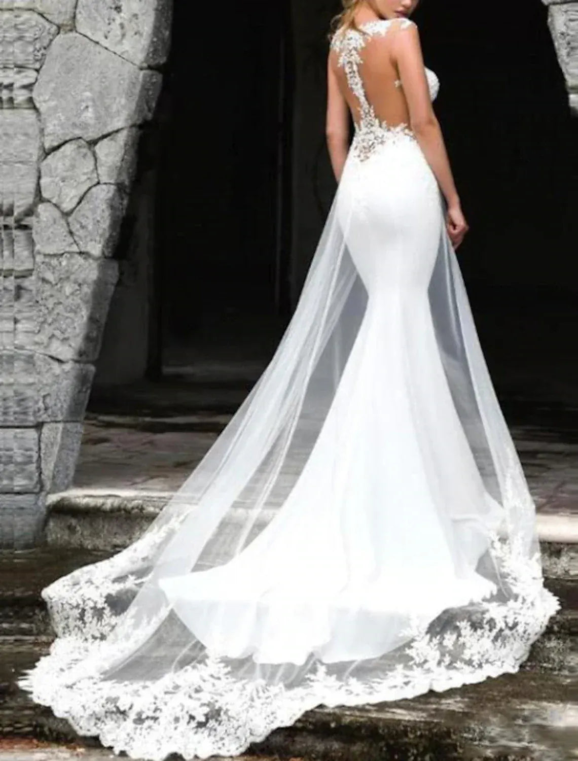 Sleeveless Illusion Floral Lace Mermaid Wedding Dress With Open Back Sheer Tulle Lace Chapel Train