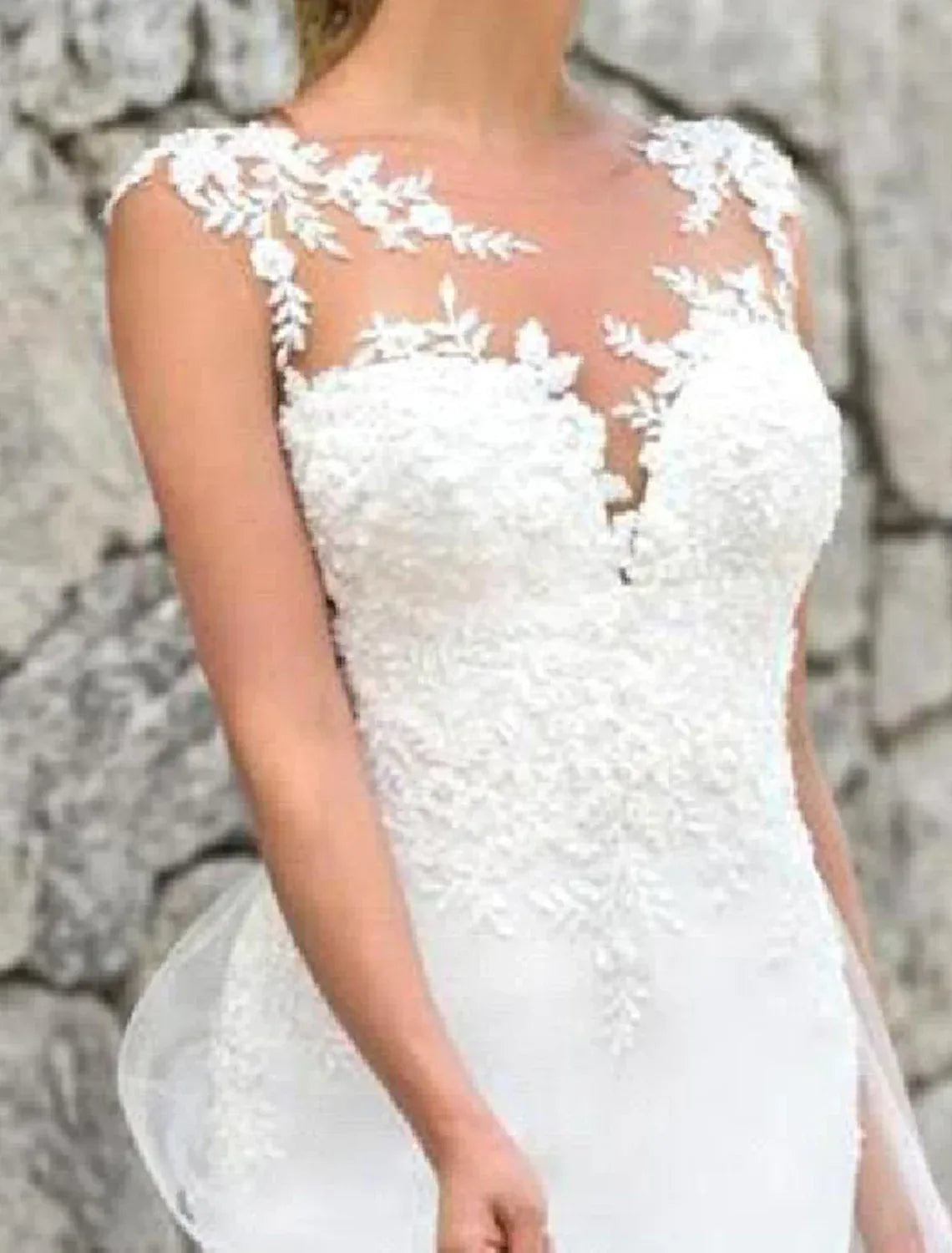 Sleeveless Illusion Floral Lace Mermaid Wedding Dress With Open Back Sheer Tulle Lace Chapel Train
