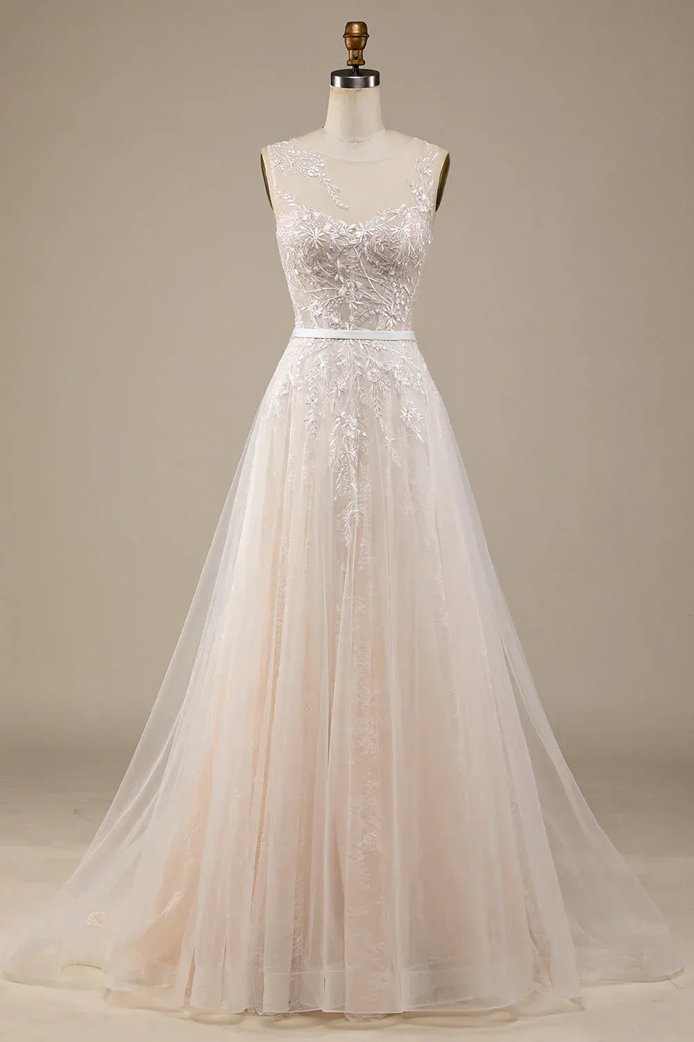 Sleeveless Illusion High Neck Floral Lace Tulle A-Line Wedding Dress With Cutout V Back Train