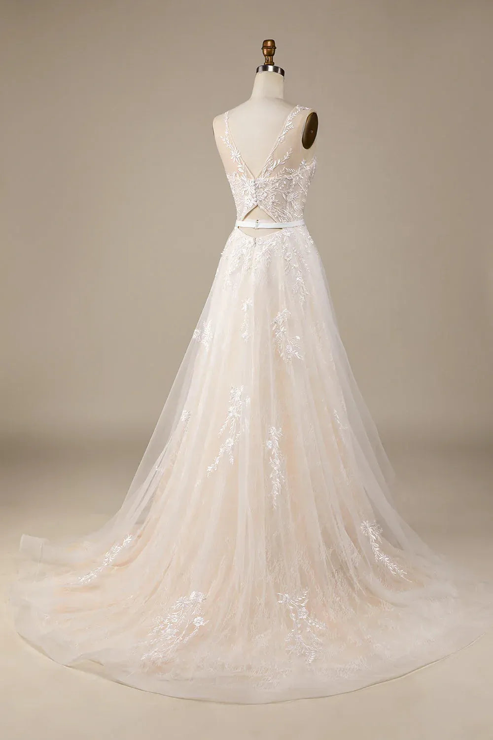 Sleeveless Illusion High Neck Floral Lace Tulle A-Line Wedding Dress With Cutout V Back Train