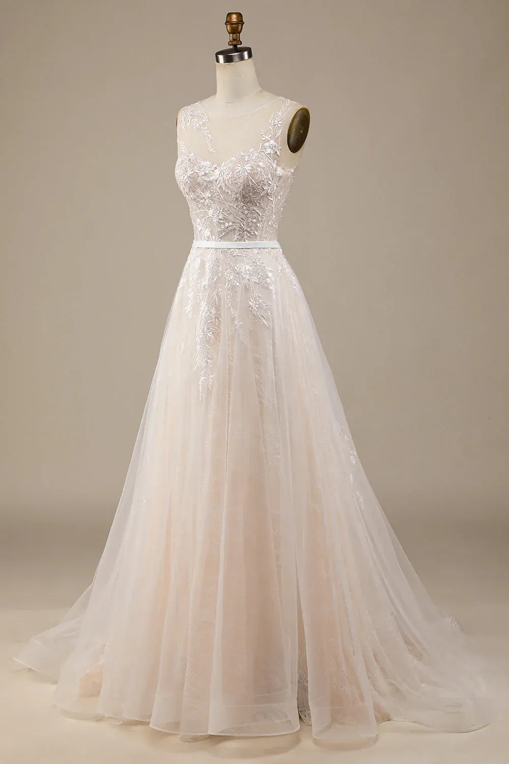 Sleeveless Illusion High Neck Floral Lace Tulle A-Line Wedding Dress With Cutout V Back Train
