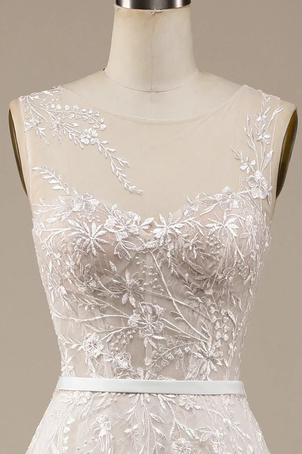 Sleeveless Illusion High Neck Floral Lace Tulle A-Line Wedding Dress With Cutout V Back Train
