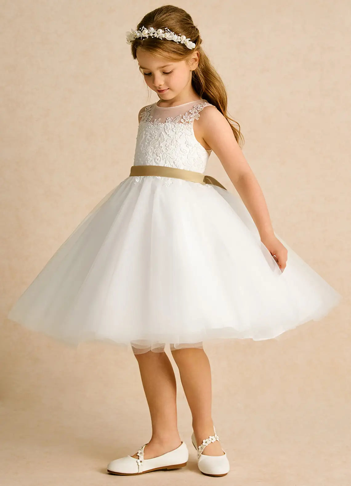 Sleeveless Illusion Lace Heart Cutout Champagne Sash Bow White Tulle Knee Length Flower Girl Dresses