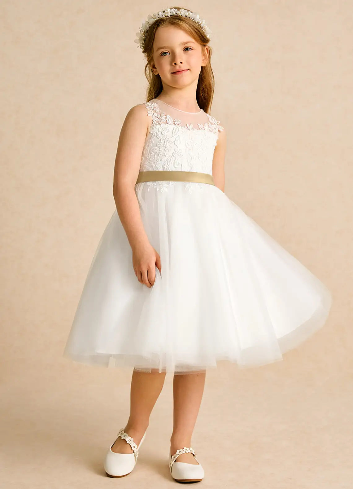 Sleeveless Illusion Lace Heart Cutout Champagne Sash Bow White Tulle Knee Length Flower Girl Dresses