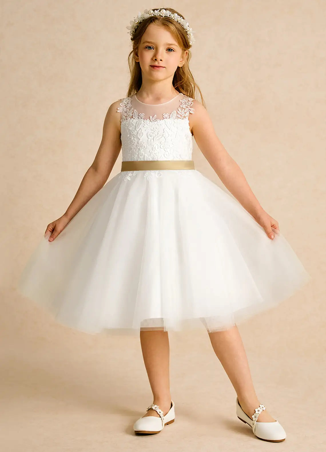 Sleeveless Illusion Lace Heart Cutout Champagne Sash Bow White Tulle Knee Length Flower Girl Dresses