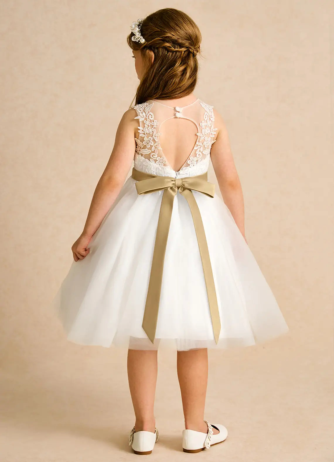 Sleeveless Illusion Lace Heart Cutout Champagne Sash Bow White Tulle Knee Length Flower Girl Dresses