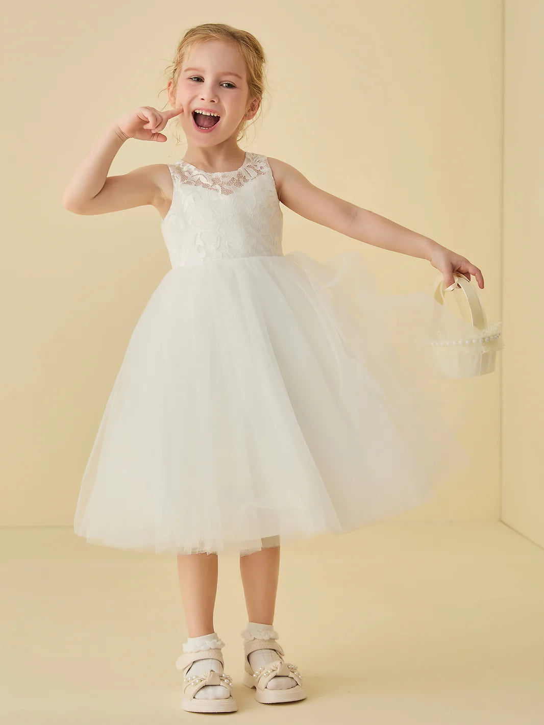 Sleeveless Illusion Lace Neck Back Zip White Tulle Midi Swing Flower Girl Dresses