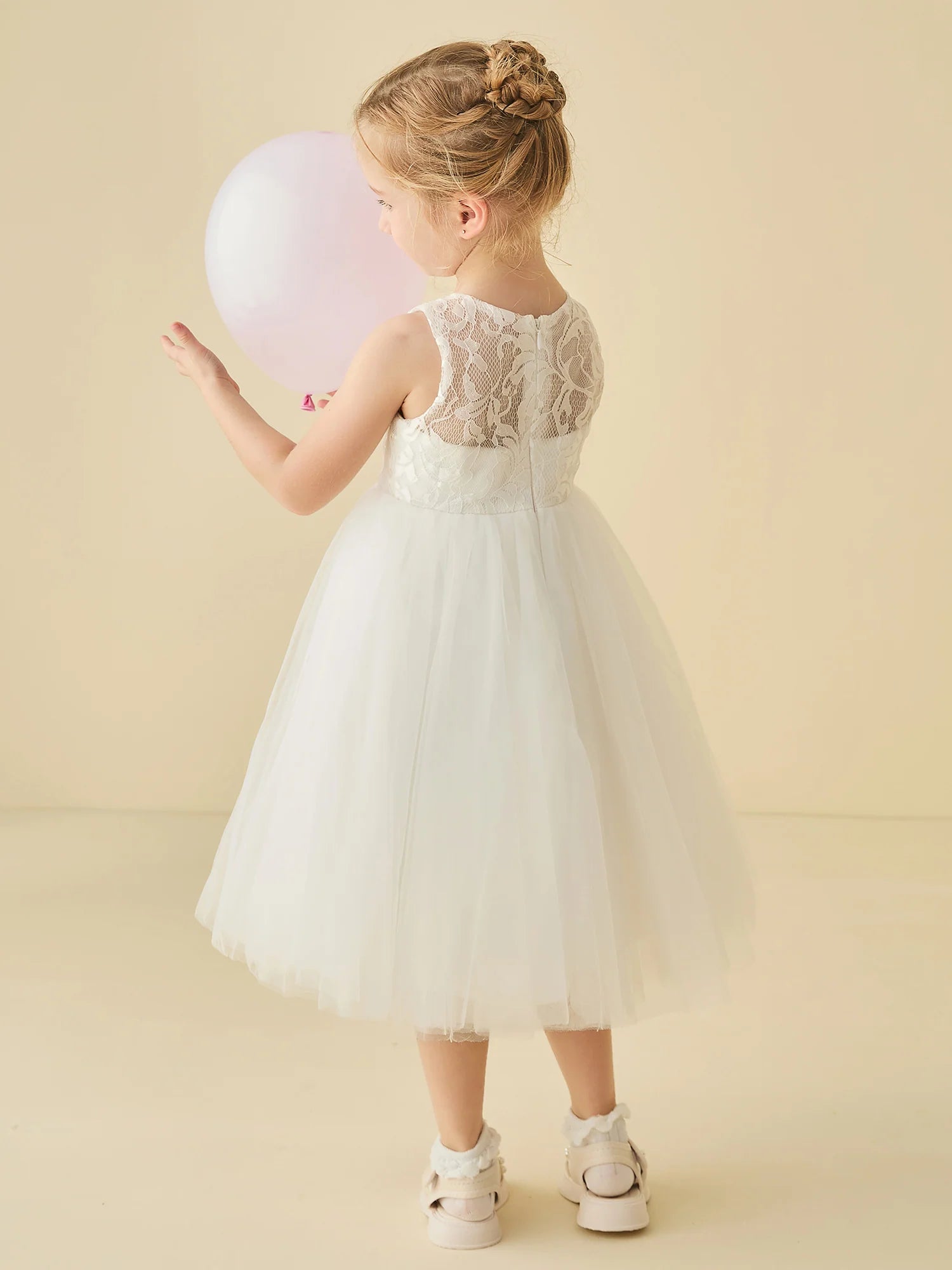 Sleeveless Illusion Lace Neck Back Zip White Tulle Midi Swing Flower Girl Dresses