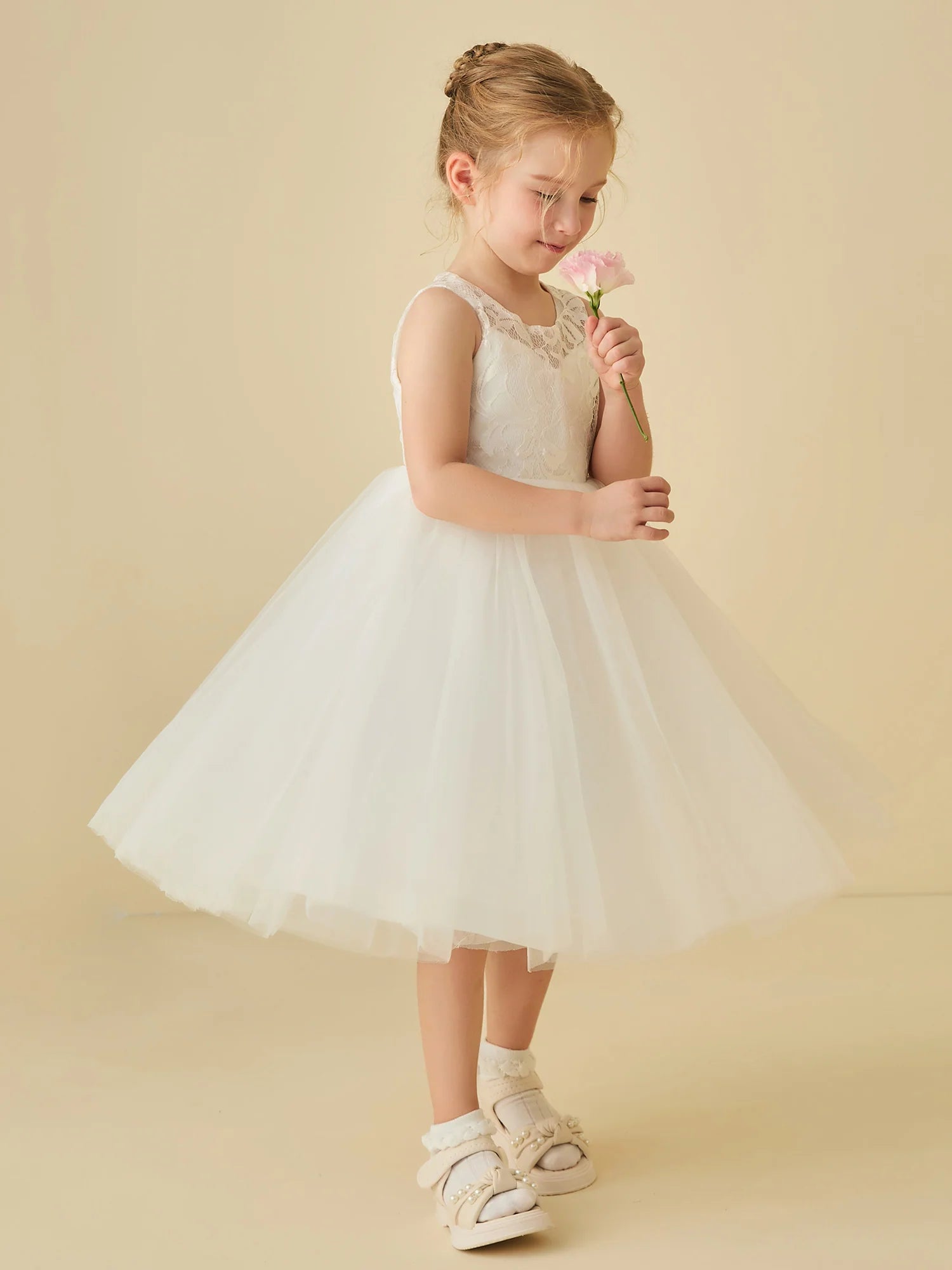 Sleeveless Illusion Lace Neck Back Zip White Tulle Midi Swing Flower Girl Dresses