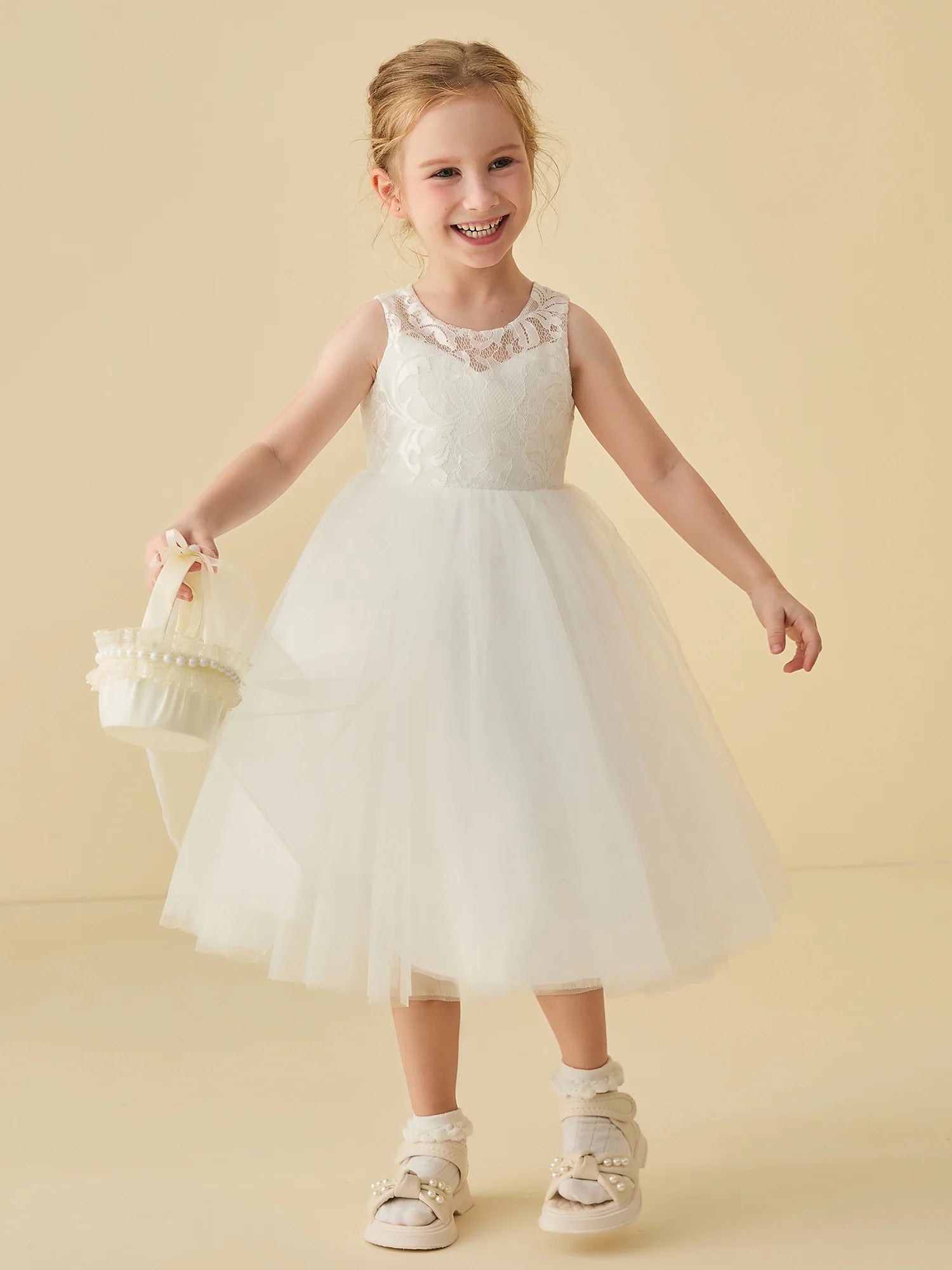 Sleeveless Illusion Lace Neck Back Zip White Tulle Midi Swing Flower Girl Dresses