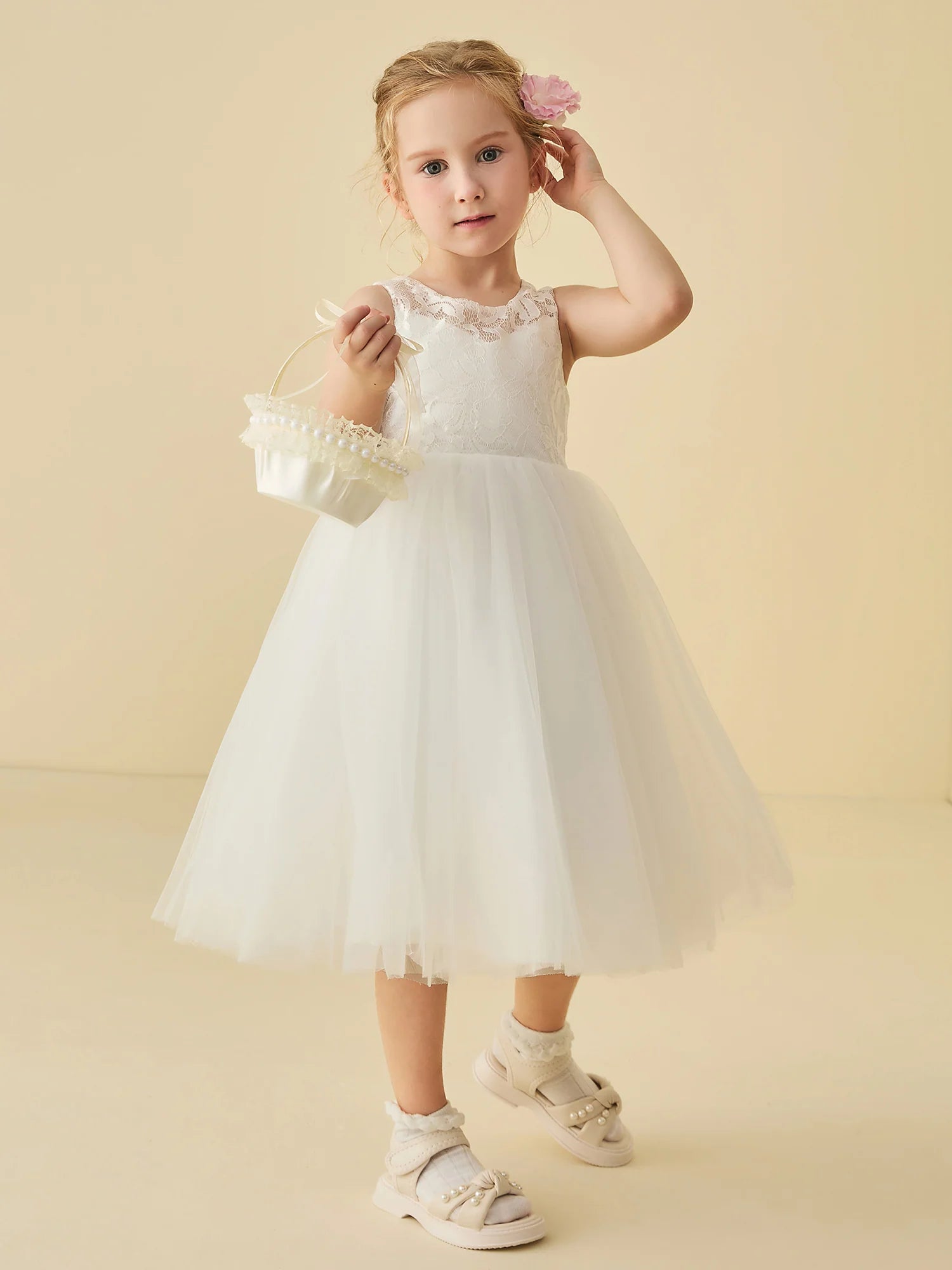 Sleeveless Illusion Lace Neck Back Zip White Tulle Midi Swing Flower Girl Dresses