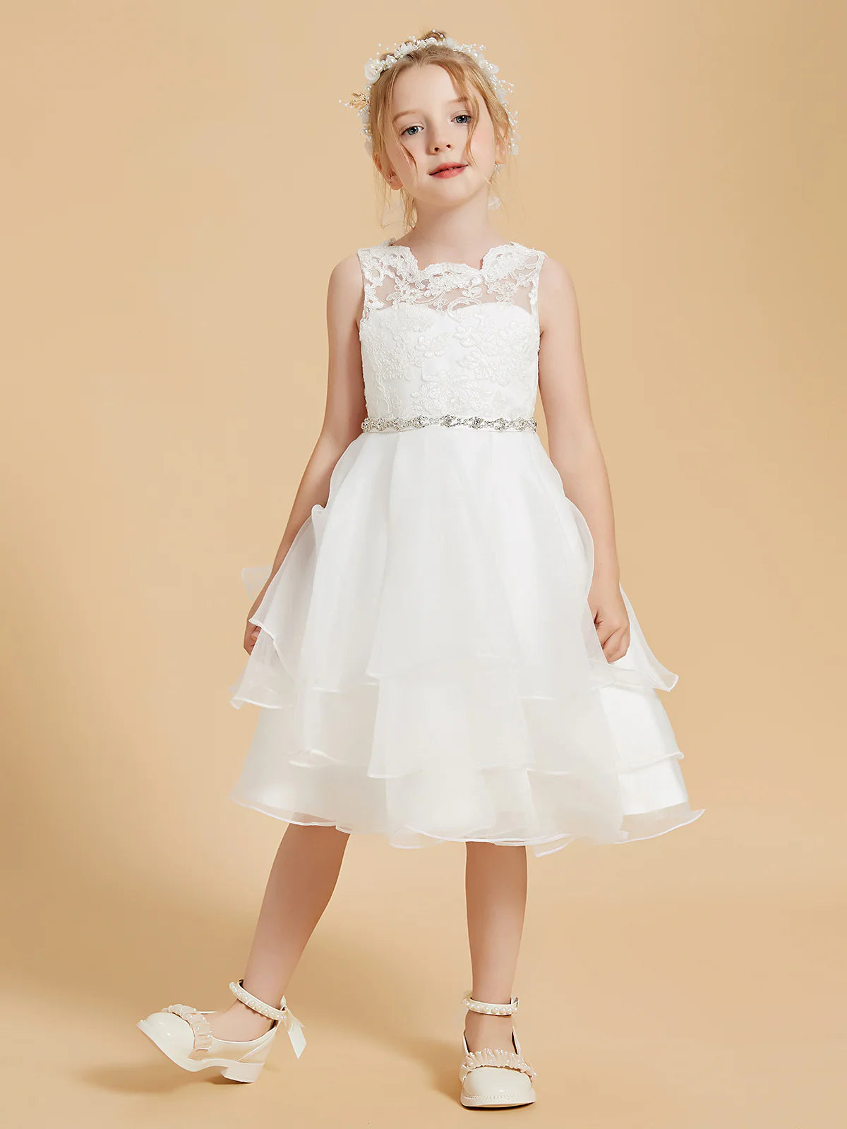 Sleeveless Illusion Lace Rhinestone Waist Tiered Ruffle White Tulle Knee Length Flower Girl Dresses