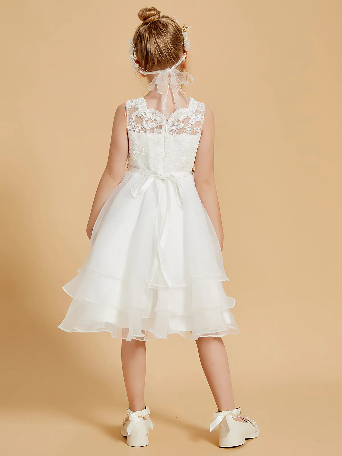 Sleeveless Illusion Lace Rhinestone Waist Tiered Ruffle White Tulle Knee Length Flower Girl Dresses