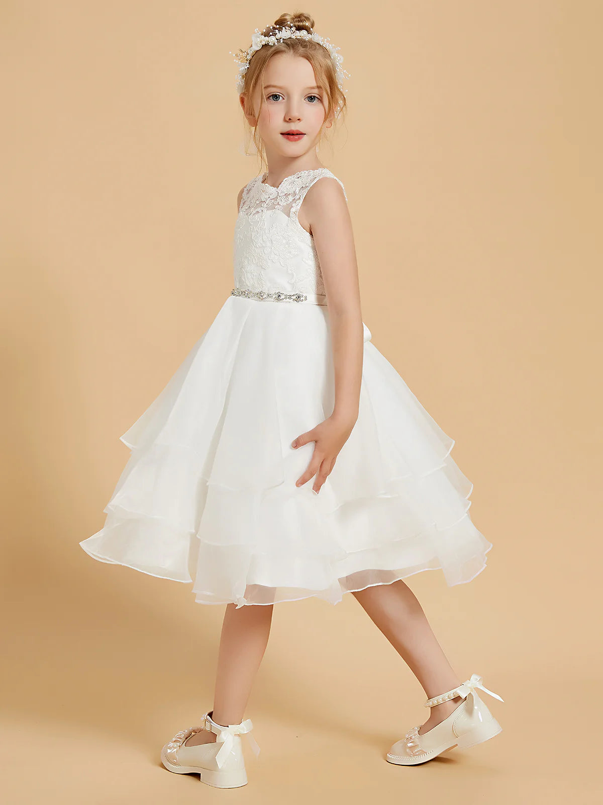 Sleeveless Illusion Lace Rhinestone Waist Tiered Ruffle White Tulle Knee Length Flower Girl Dresses