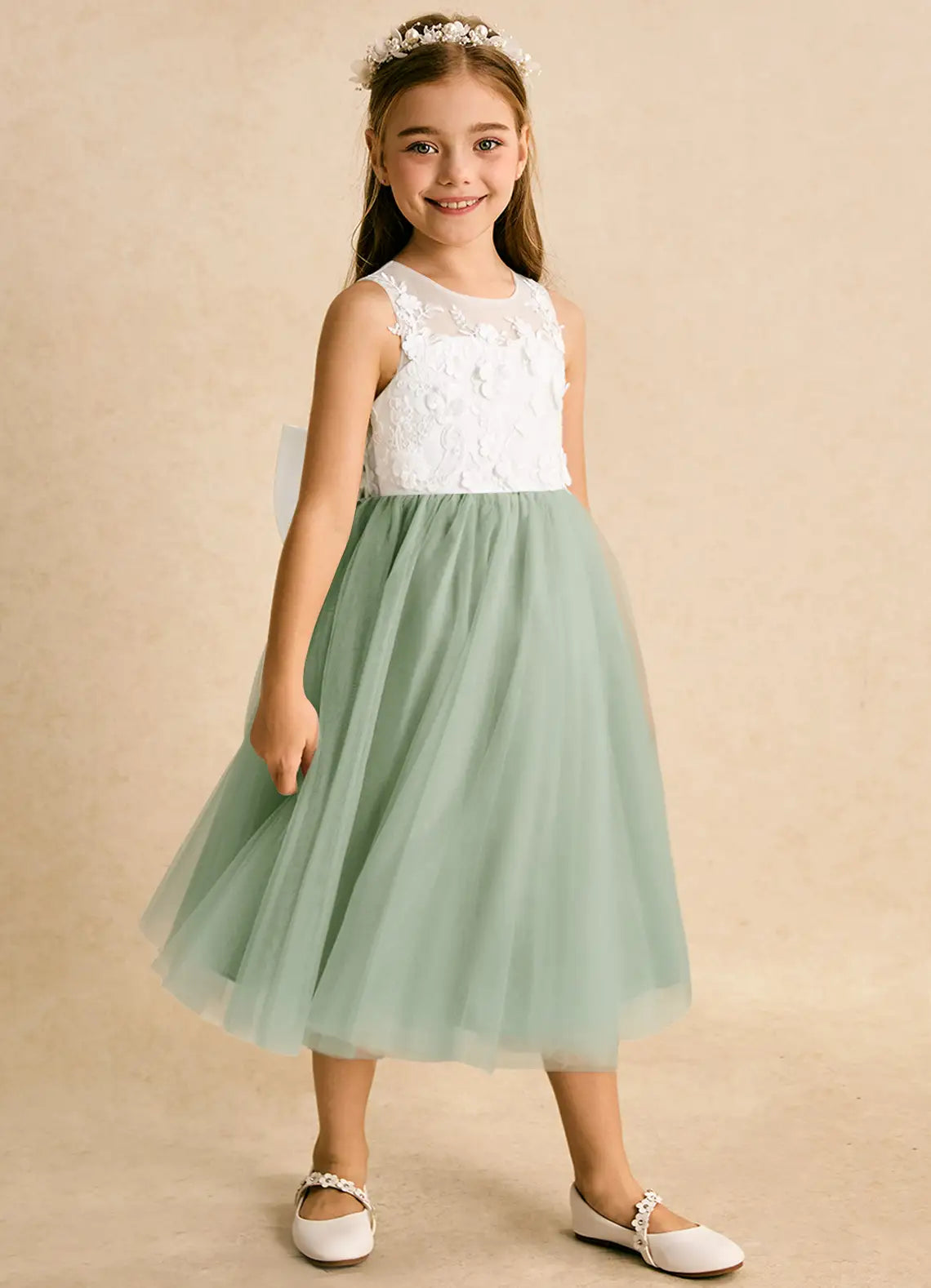 Sleeveless Illusion Lace V-Back Floral Bow Sage Tulle Midi Flower Girl Dresses