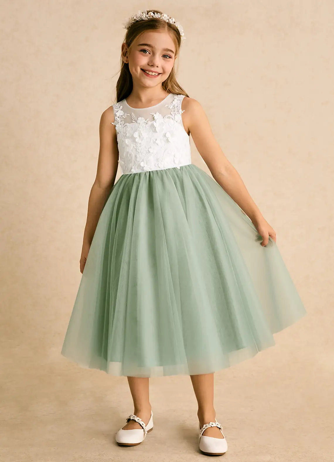 Sleeveless Illusion Lace V-Back Floral Bow Sage Tulle Midi Flower Girl Dresses