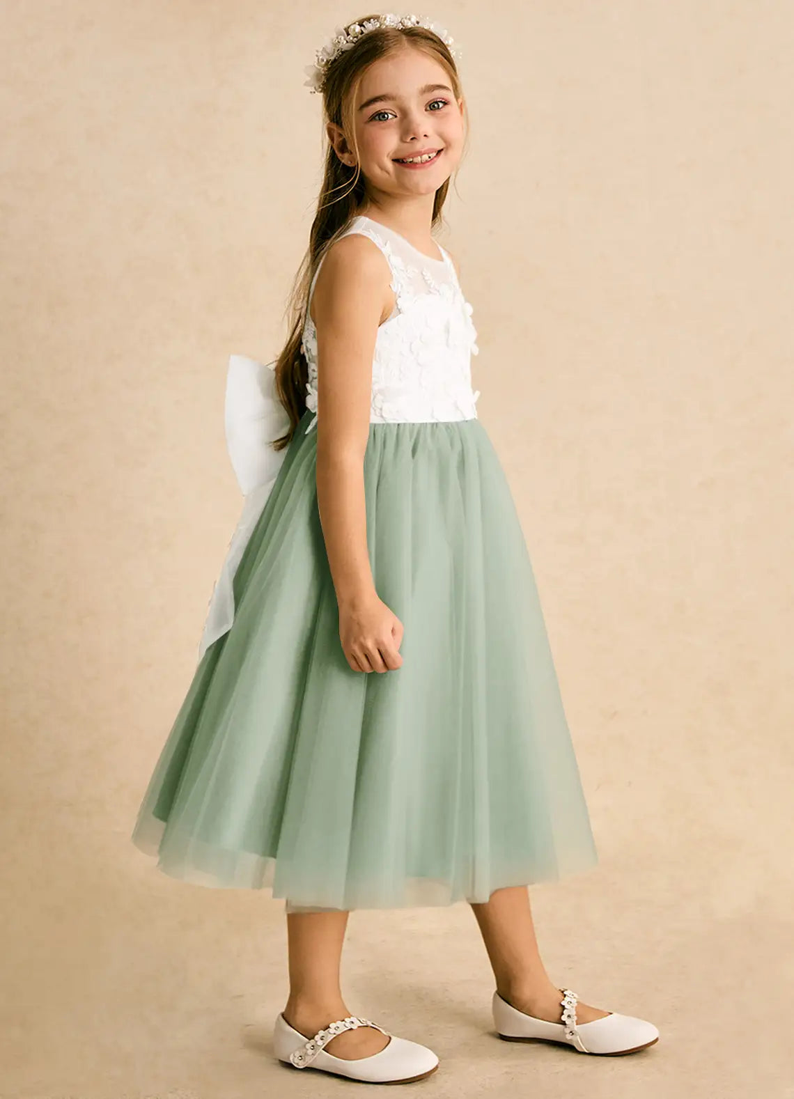 Sleeveless Illusion Lace V-Back Floral Bow Sage Tulle Midi Flower Girl Dresses