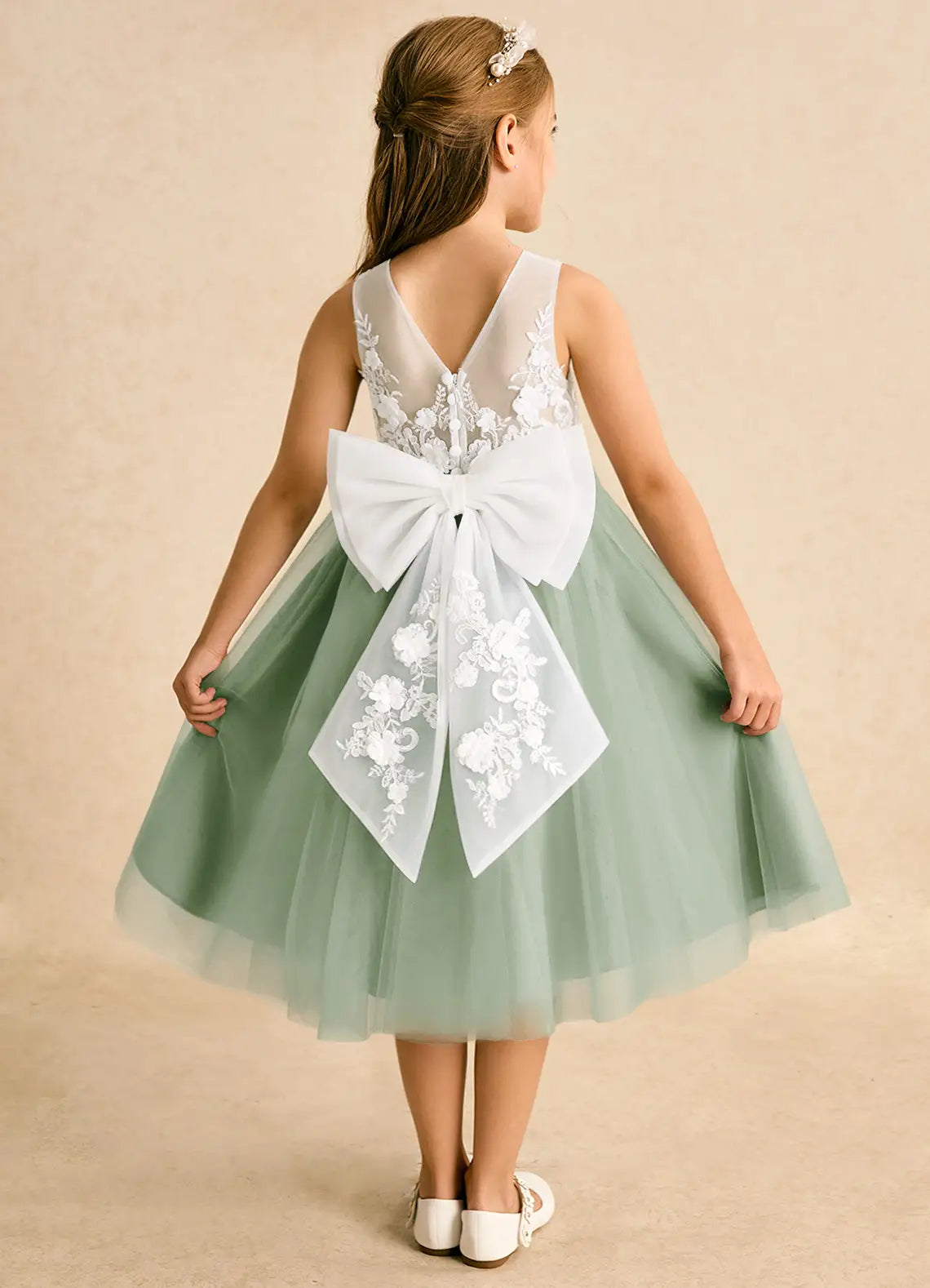 Sleeveless Illusion Lace V-Back Floral Bow Sage Tulle Midi Flower Girl Dresses