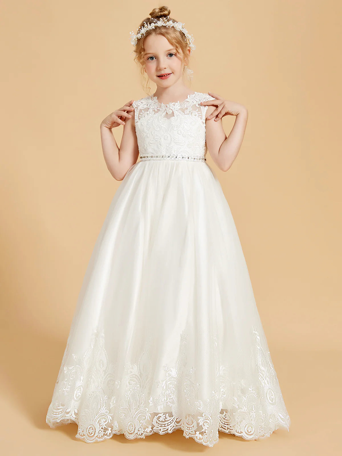 Sleeveless Illusion Lace V Back Rhinestone Waist Lace Hem White Tulle Floor Length Flower Girl Dresses