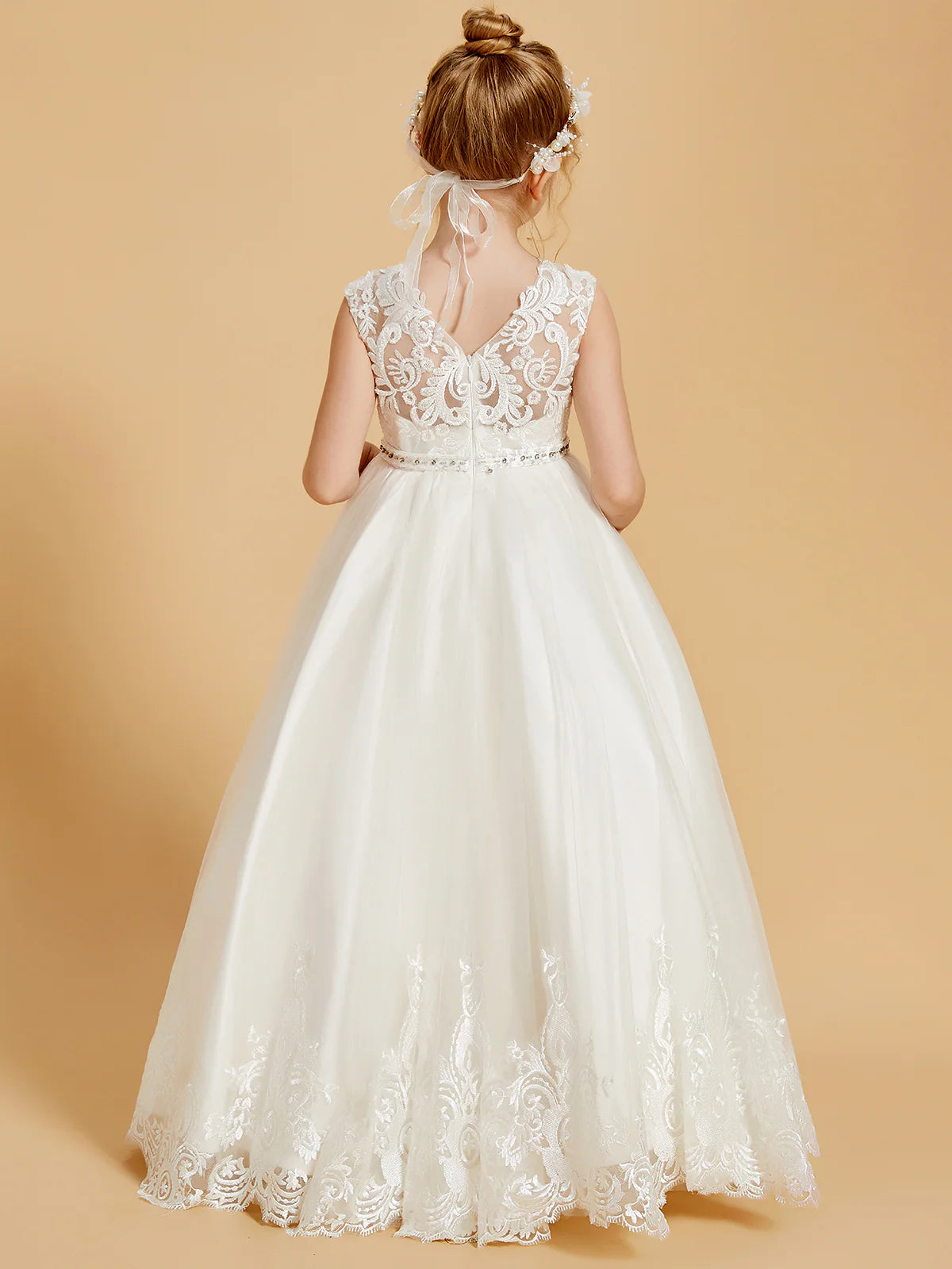 Sleeveless Illusion Lace V Back Rhinestone Waist Lace Hem White Tulle Floor Length Flower Girl Dresses