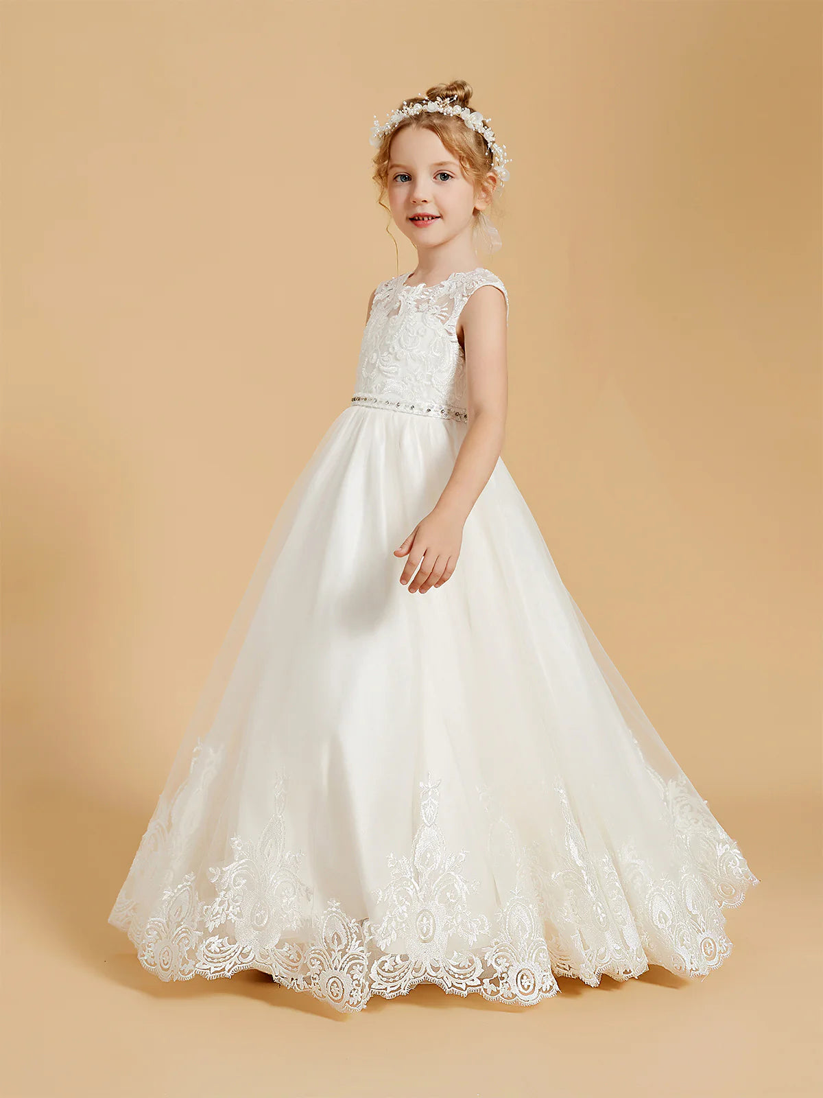 Sleeveless Illusion Lace V Back Rhinestone Waist Lace Hem White Tulle Floor Length Flower Girl Dresses