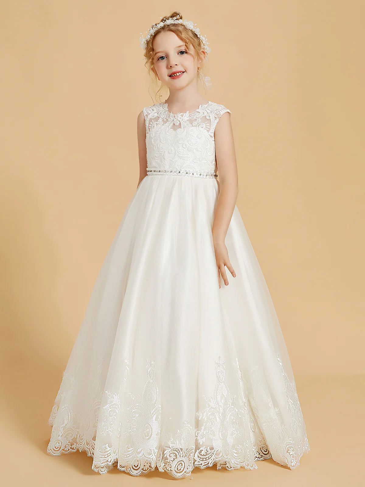Sleeveless Illusion Lace V Back Rhinestone Waist Lace Hem White Tulle Floor Length Flower Girl Dresses
