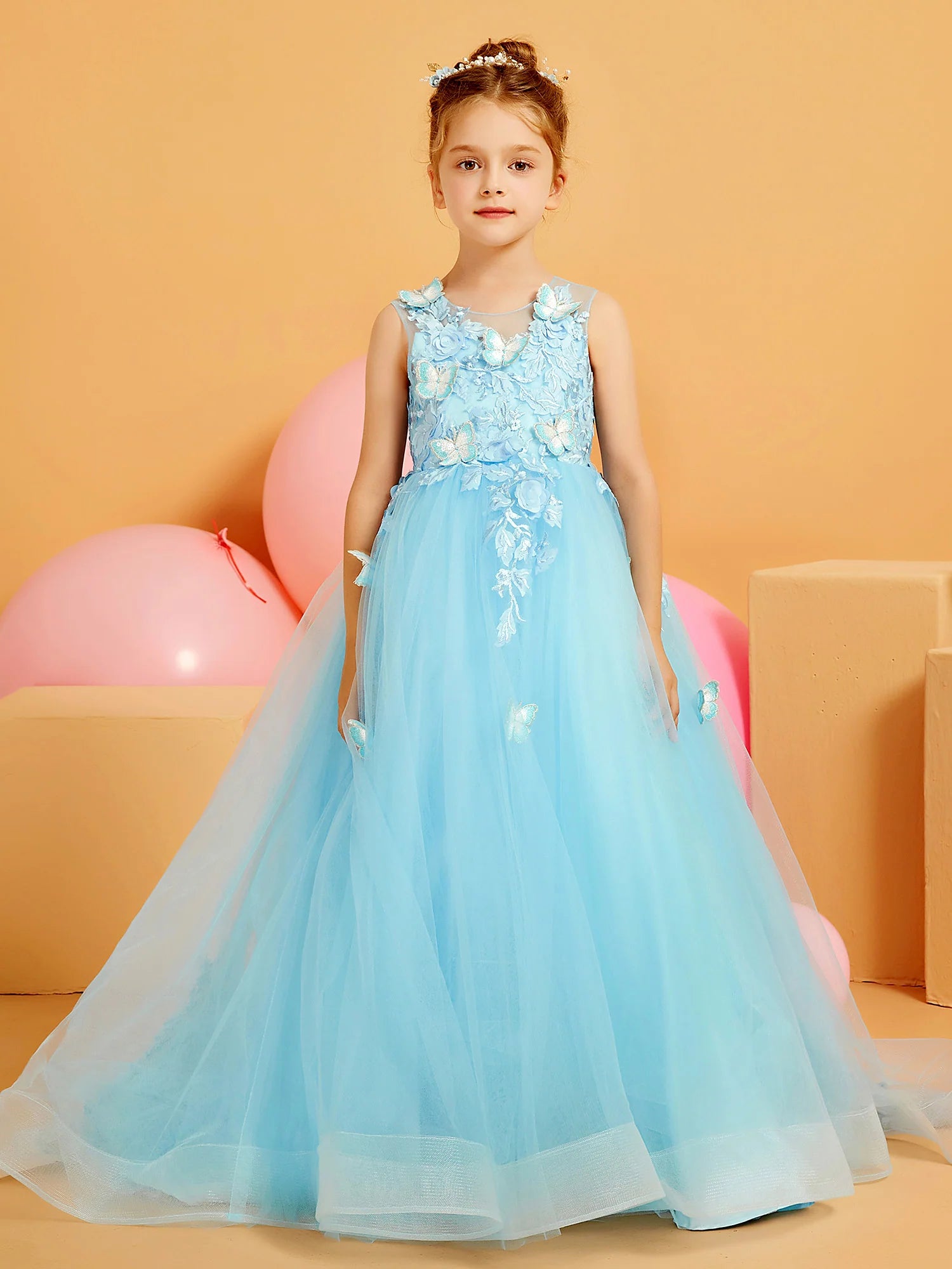 Sleeveless Illusion Neck 3D Butterfly Floral Applique Sky Blue Tulle Train Floor Length Flower Girl Dresses