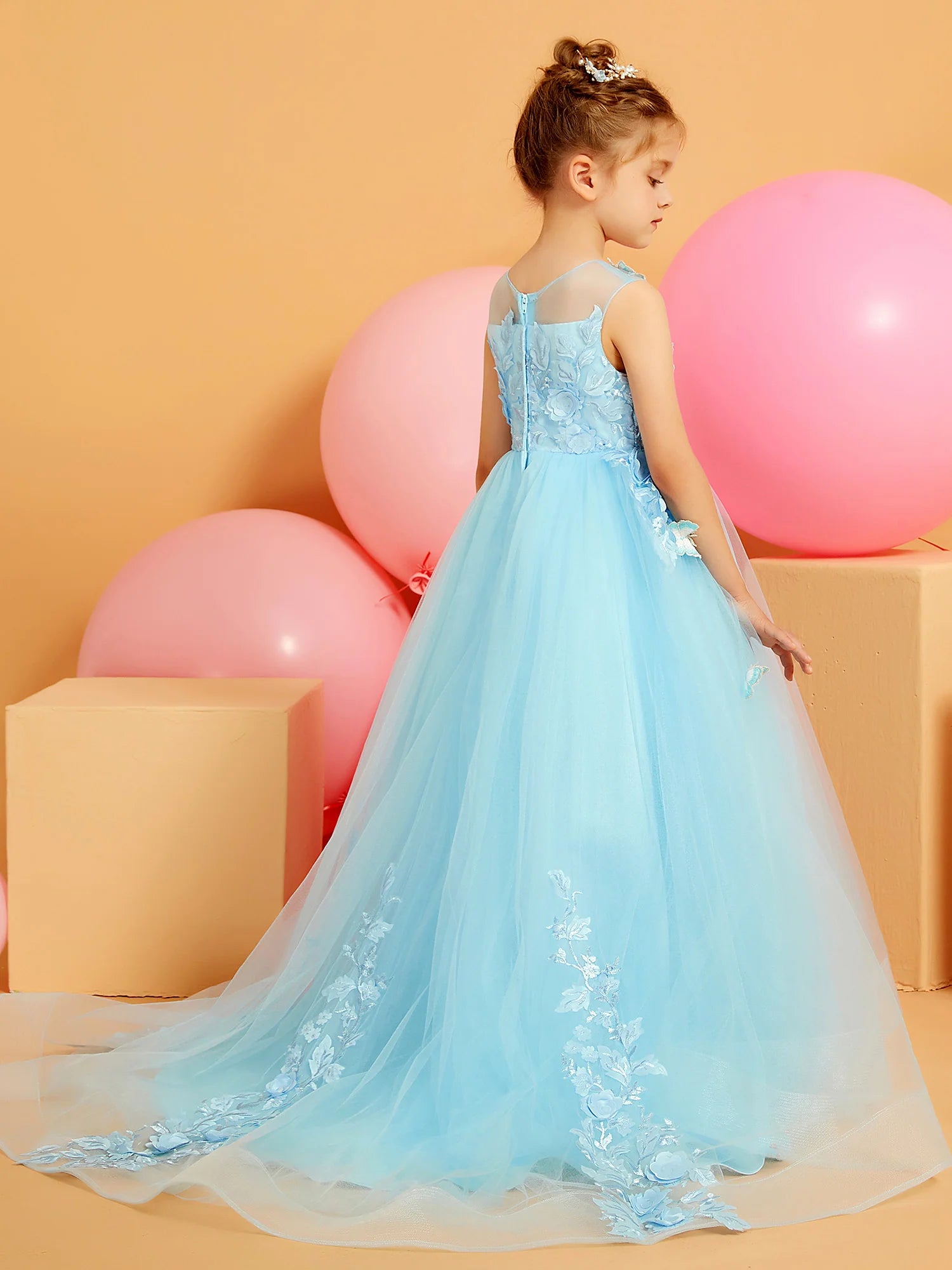 Sleeveless Illusion Neck 3D Butterfly Floral Applique Sky Blue Tulle Train Floor Length Flower Girl Dresses