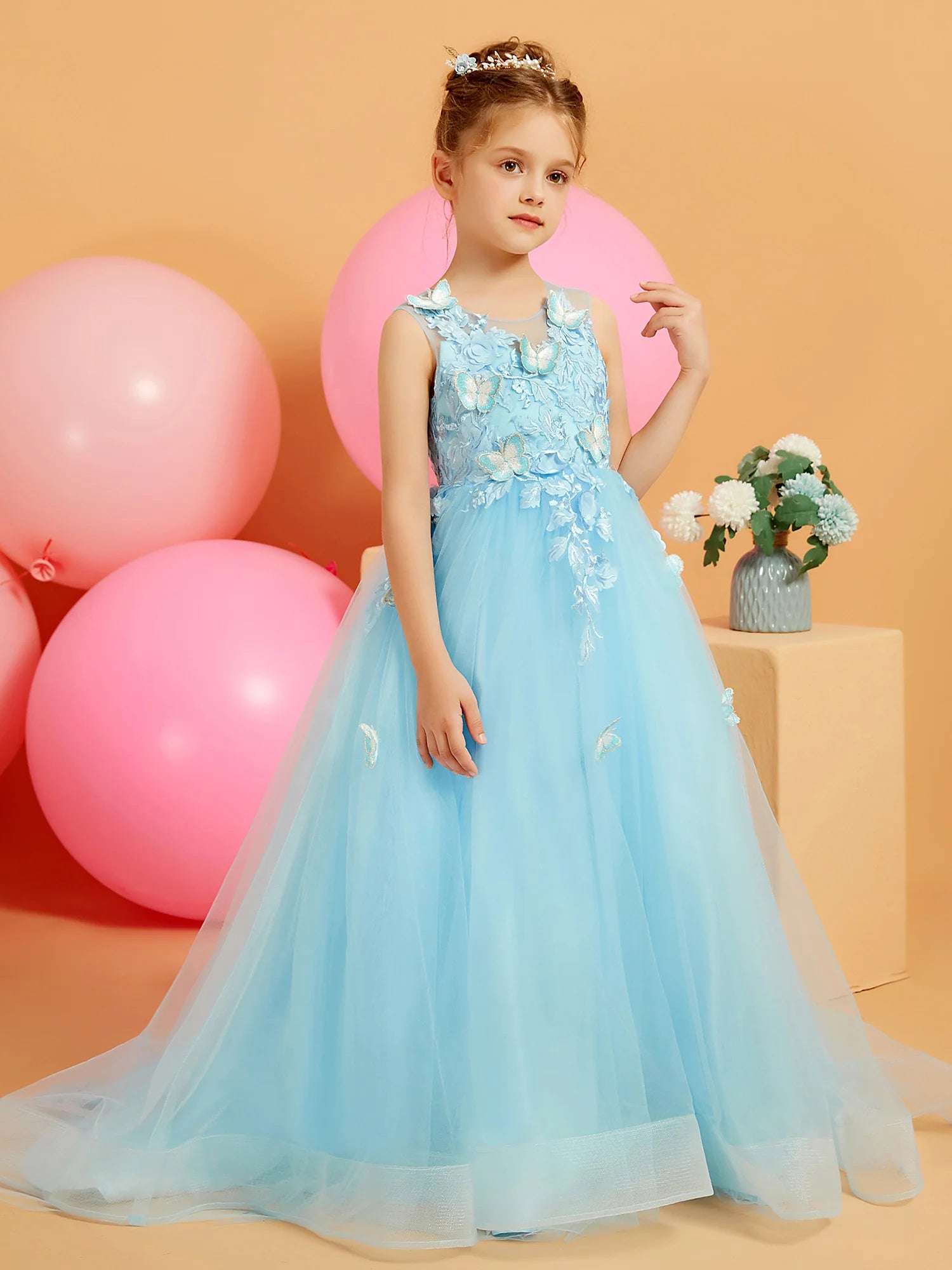 Sleeveless Illusion Neck 3D Butterfly Floral Applique Sky Blue Tulle Train Floor Length Flower Girl Dresses