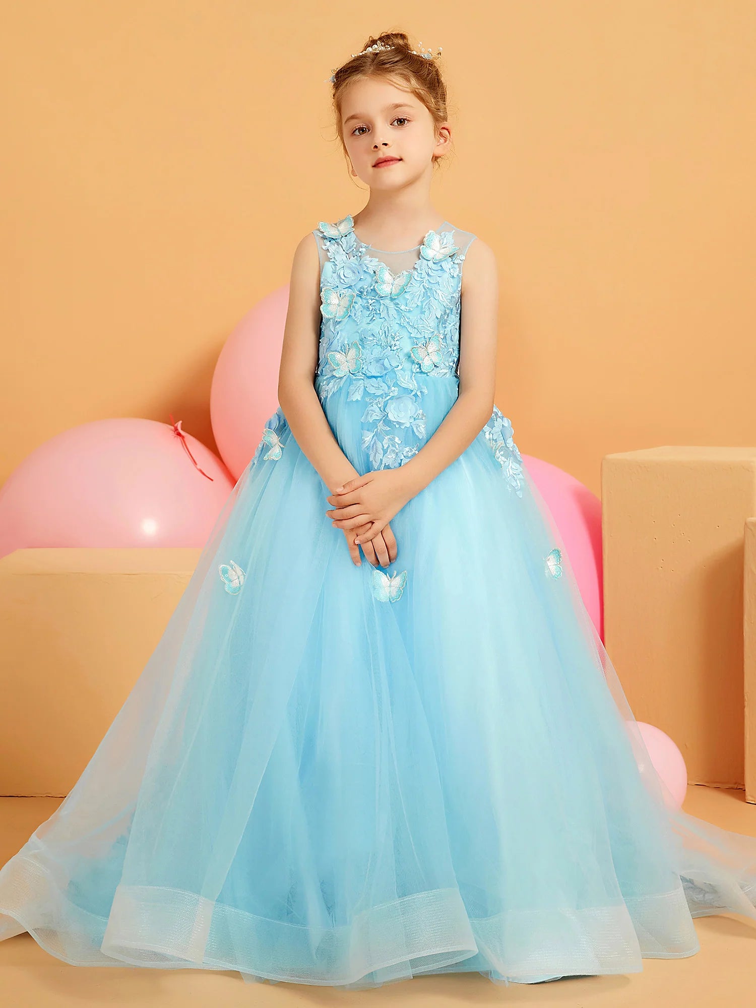 Sleeveless Illusion Neck 3D Butterfly Floral Applique Sky Blue Tulle Train Floor Length Flower Girl Dresses