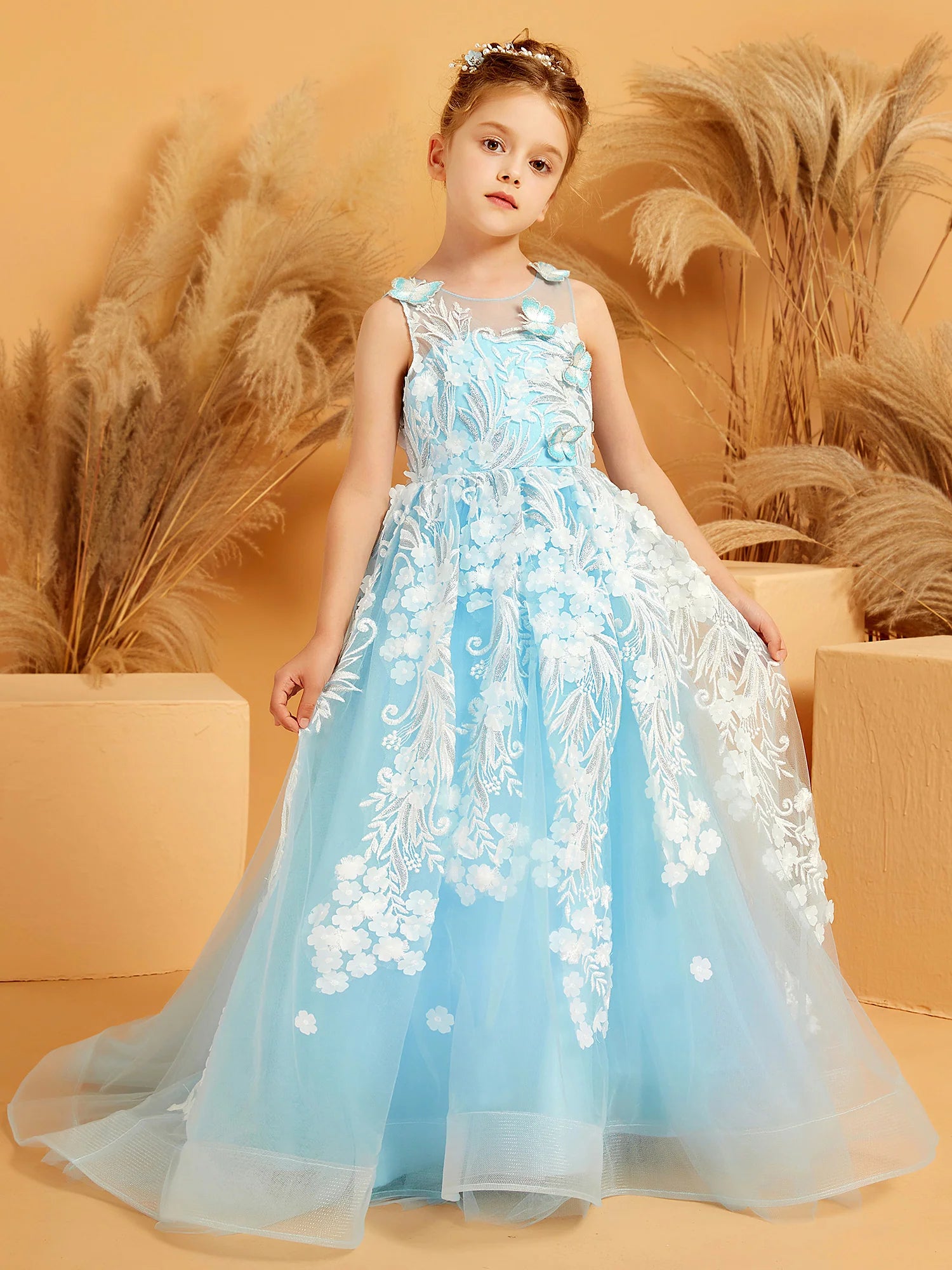 Sleeveless Illusion Neck 3D Butterfly Floral Lace Sky Blue Tulle Train Floor Length Flower Girl Dresses