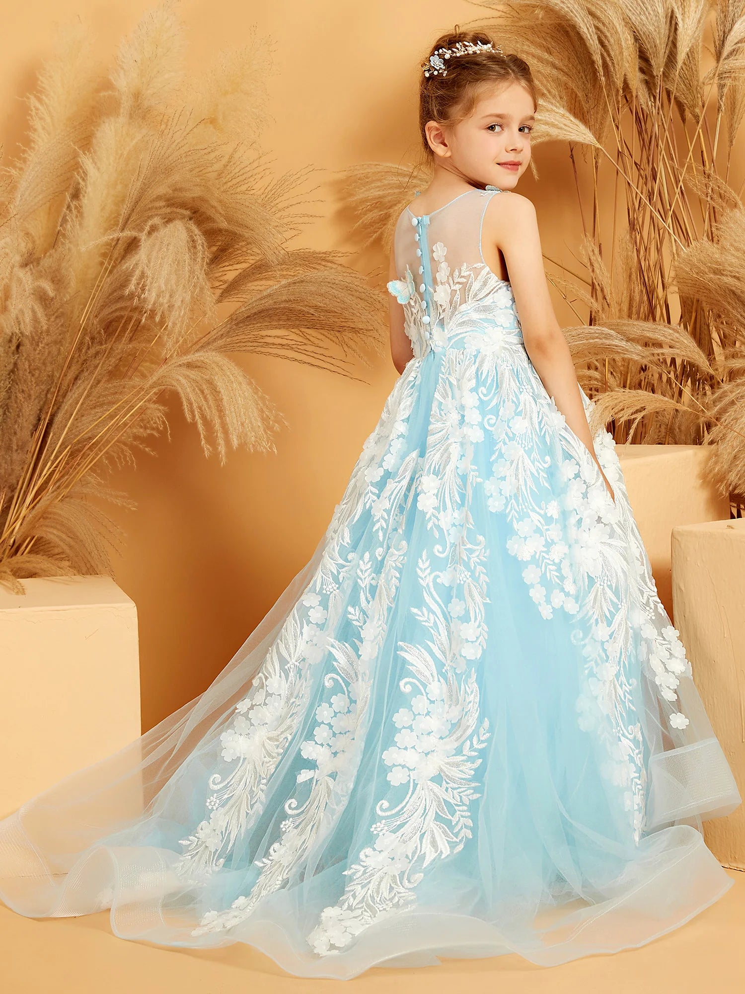 Sleeveless Illusion Neck 3D Butterfly Floral Lace Sky Blue Tulle Train Floor Length Flower Girl Dresses