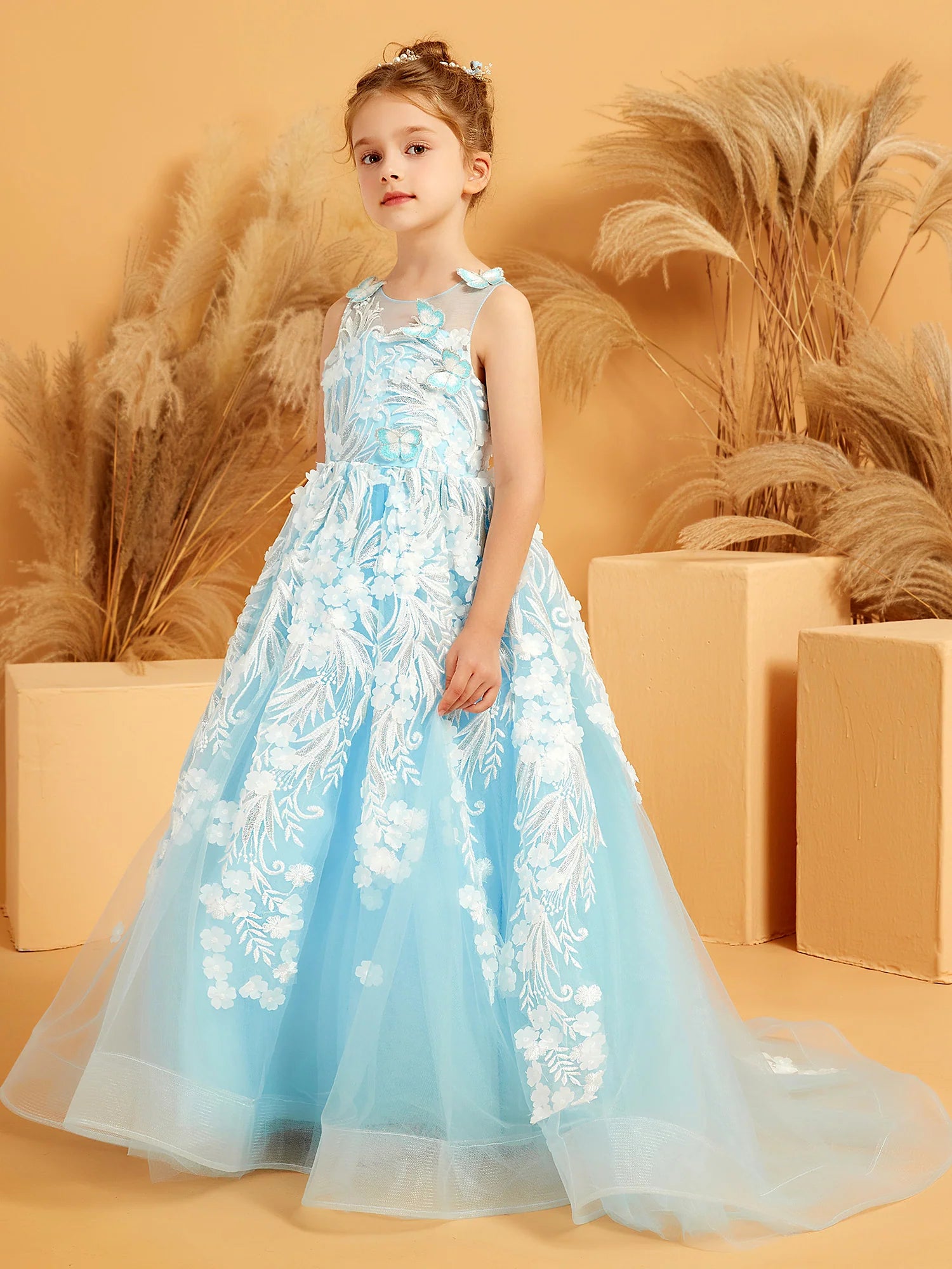 Sleeveless Illusion Neck 3D Butterfly Floral Lace Sky Blue Tulle Train Floor Length Flower Girl Dresses