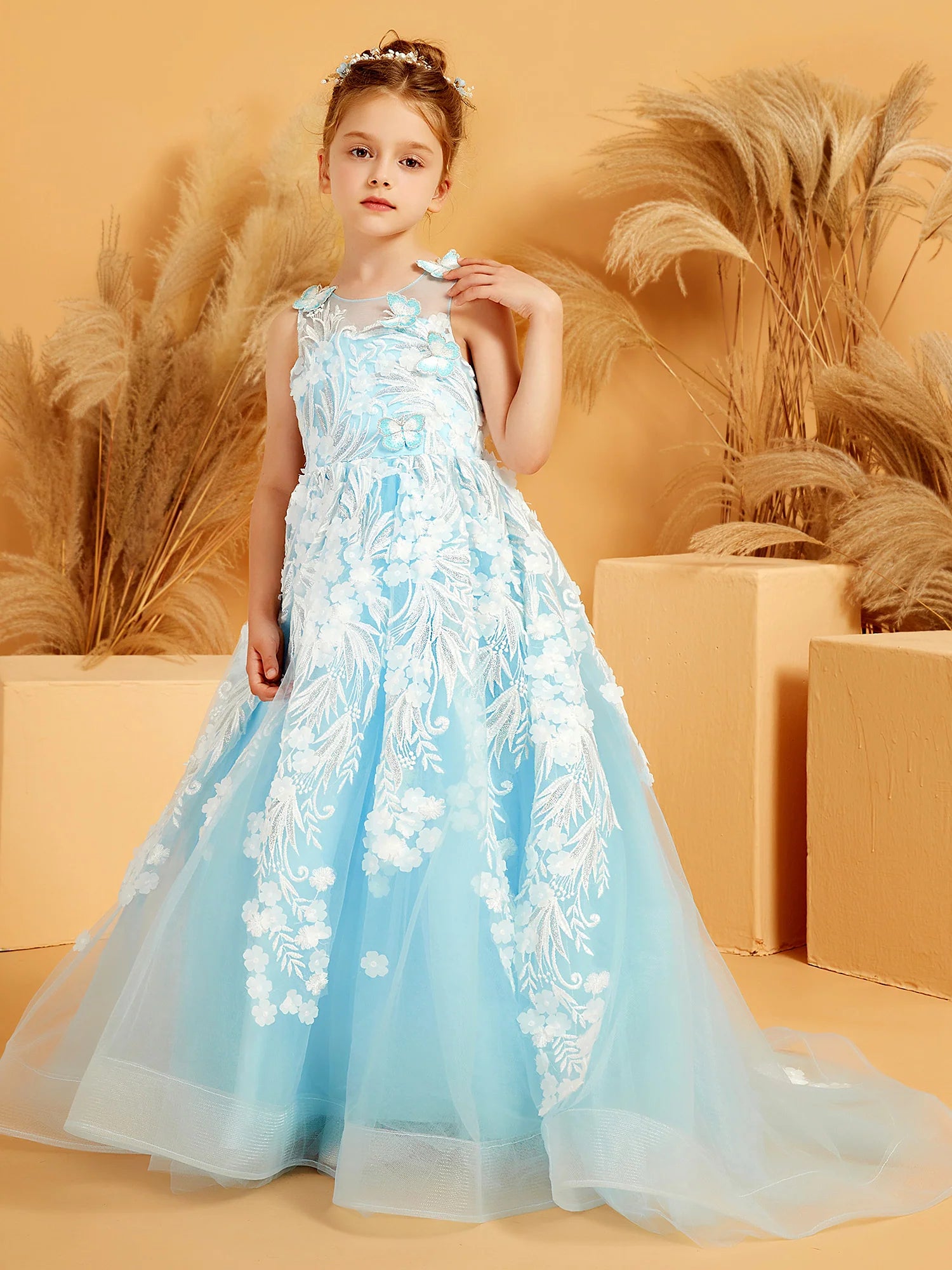 Sleeveless Illusion Neck 3D Butterfly Floral Lace Sky Blue Tulle Train Floor Length Flower Girl Dresses