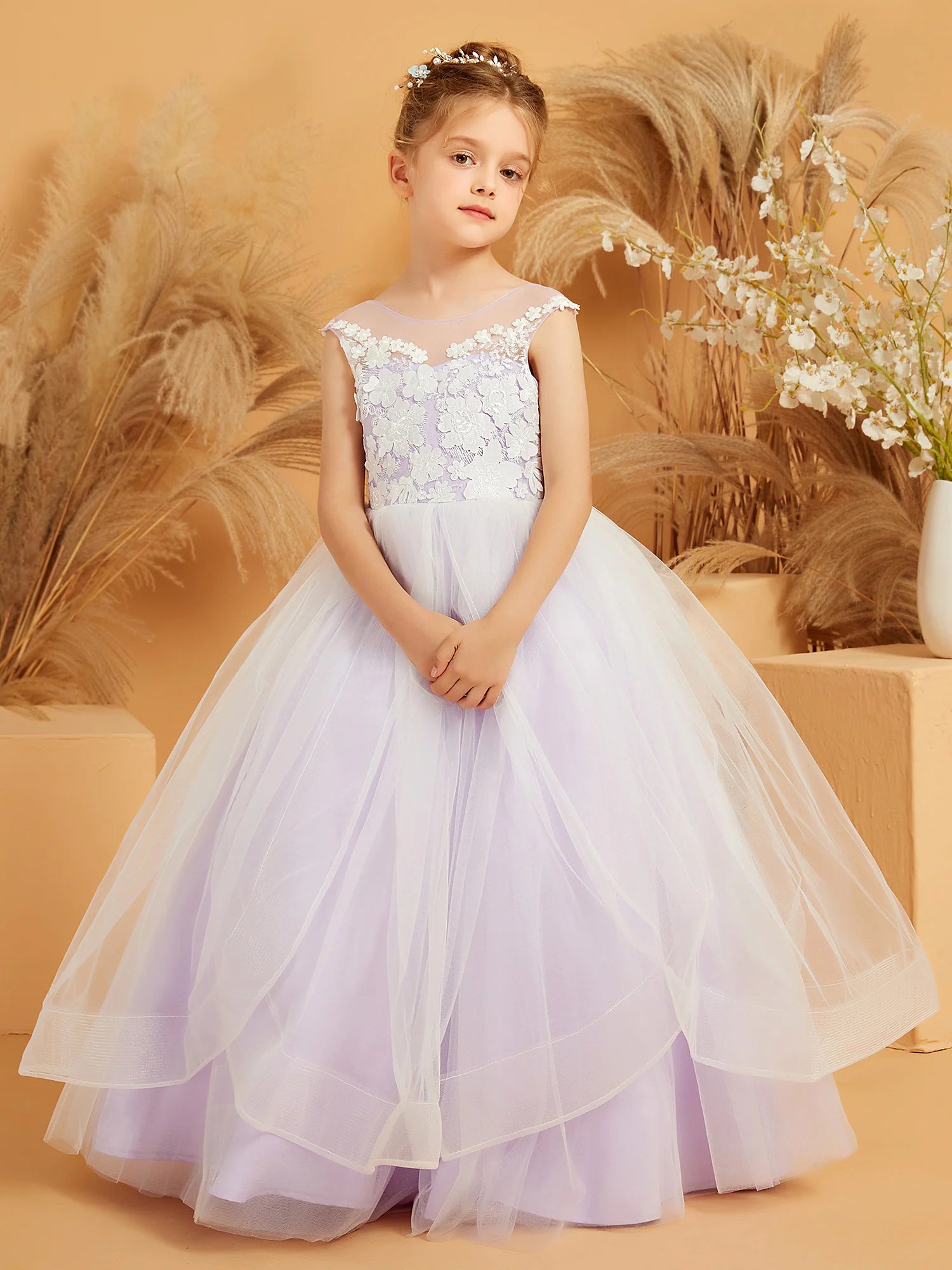 Sleeveless Illusion Neck 3D Floral Lace Corset Back Layered Tulle Lavender Flower Girl Dresses