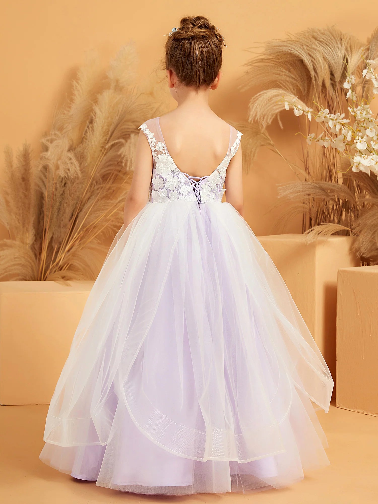 Sleeveless Illusion Neck 3D Floral Lace Corset Back Layered Tulle Lavender Flower Girl Dresses
