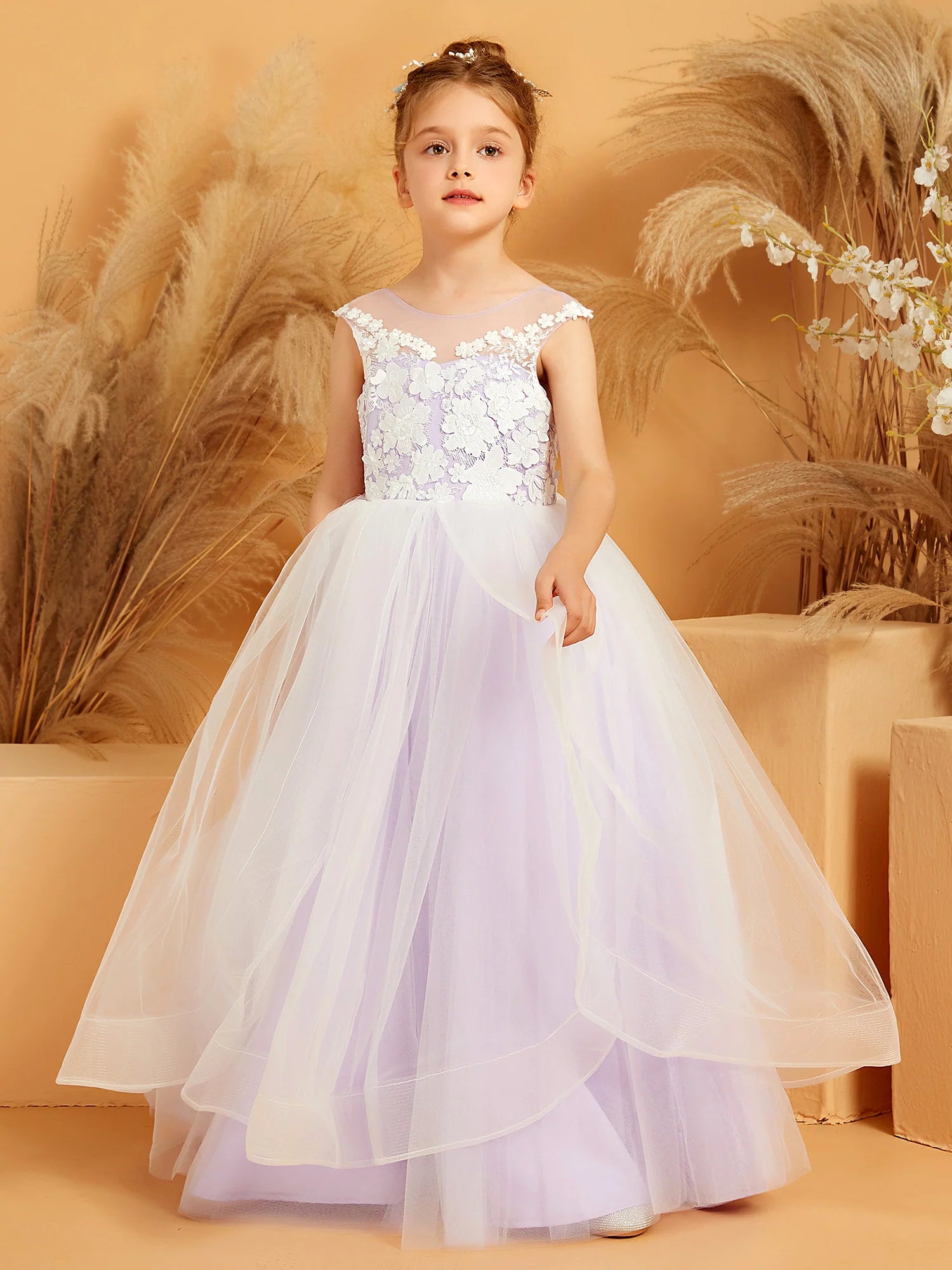 Sleeveless Illusion Neck 3D Floral Lace Corset Back Layered Tulle Lavender Flower Girl Dresses