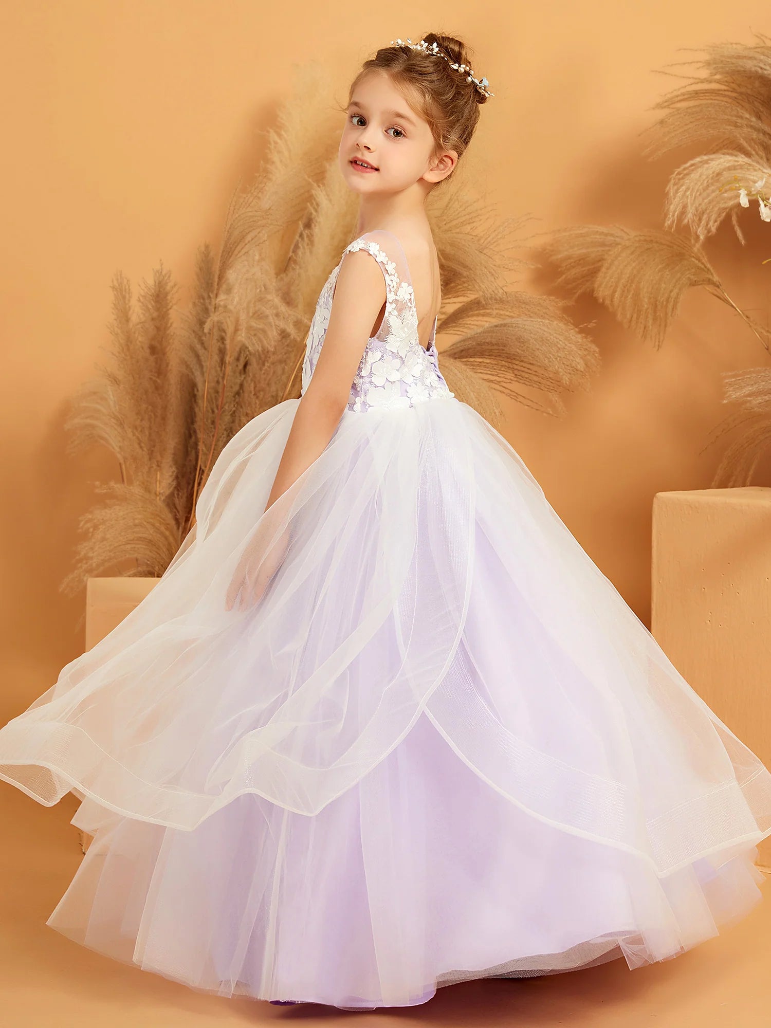 Sleeveless Illusion Neck 3D Floral Lace Corset Back Layered Tulle Lavender Flower Girl Dresses