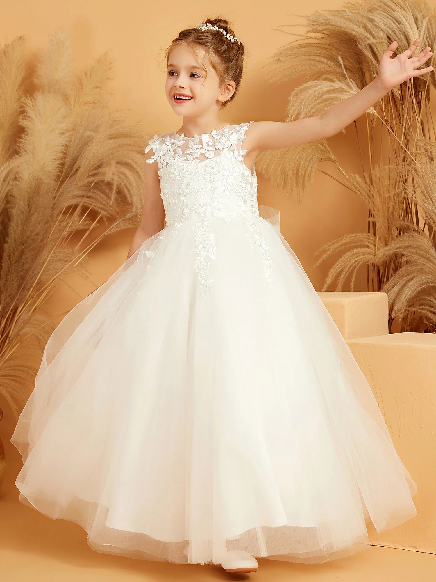 Sleeveless Illusion Neck 3D Floral Lace Tulle Ball Gown White Flower Girl Dresses