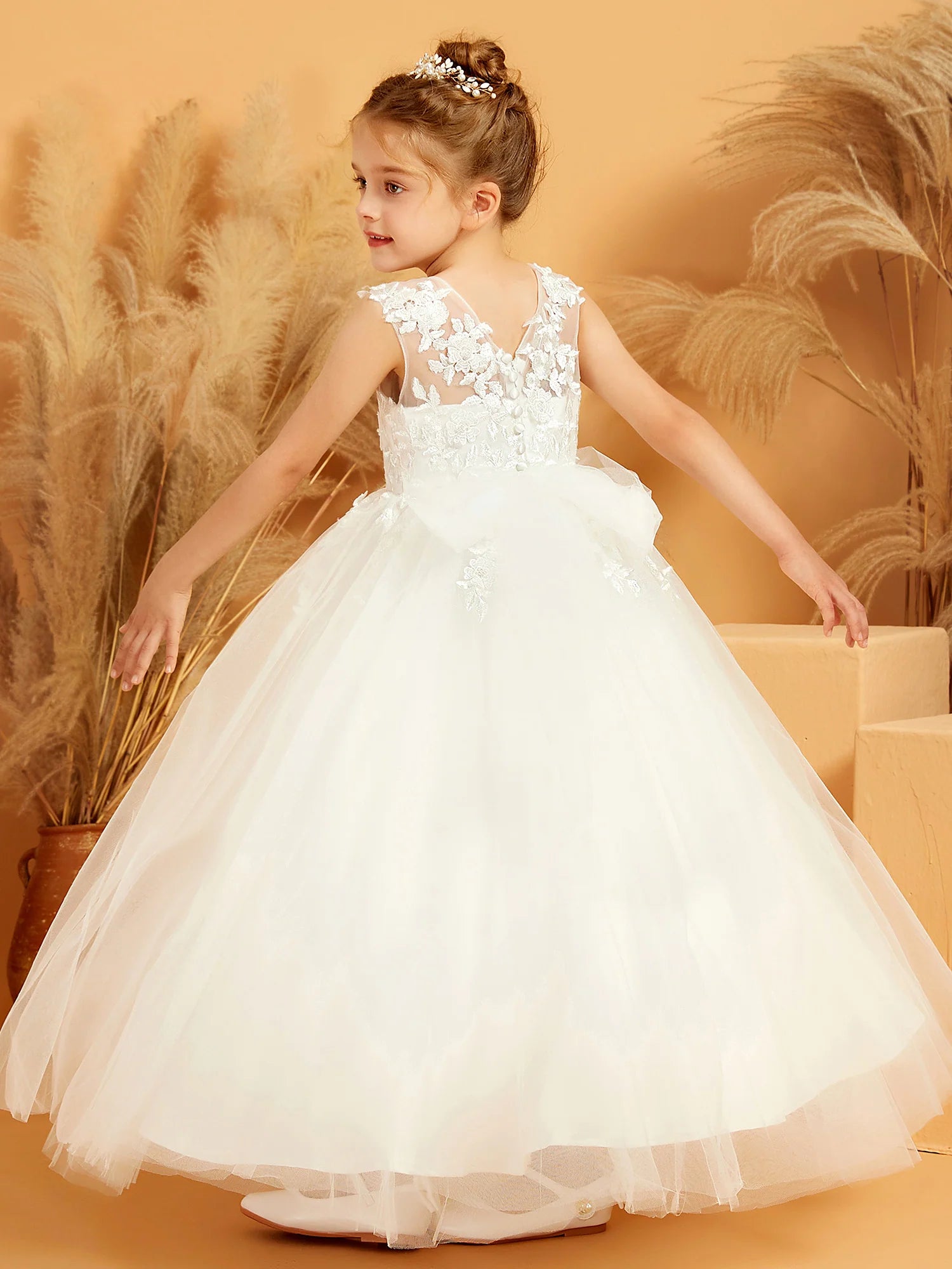 Sleeveless Illusion Neck 3D Floral Lace Tulle Ball Gown White Flower Girl Dresses