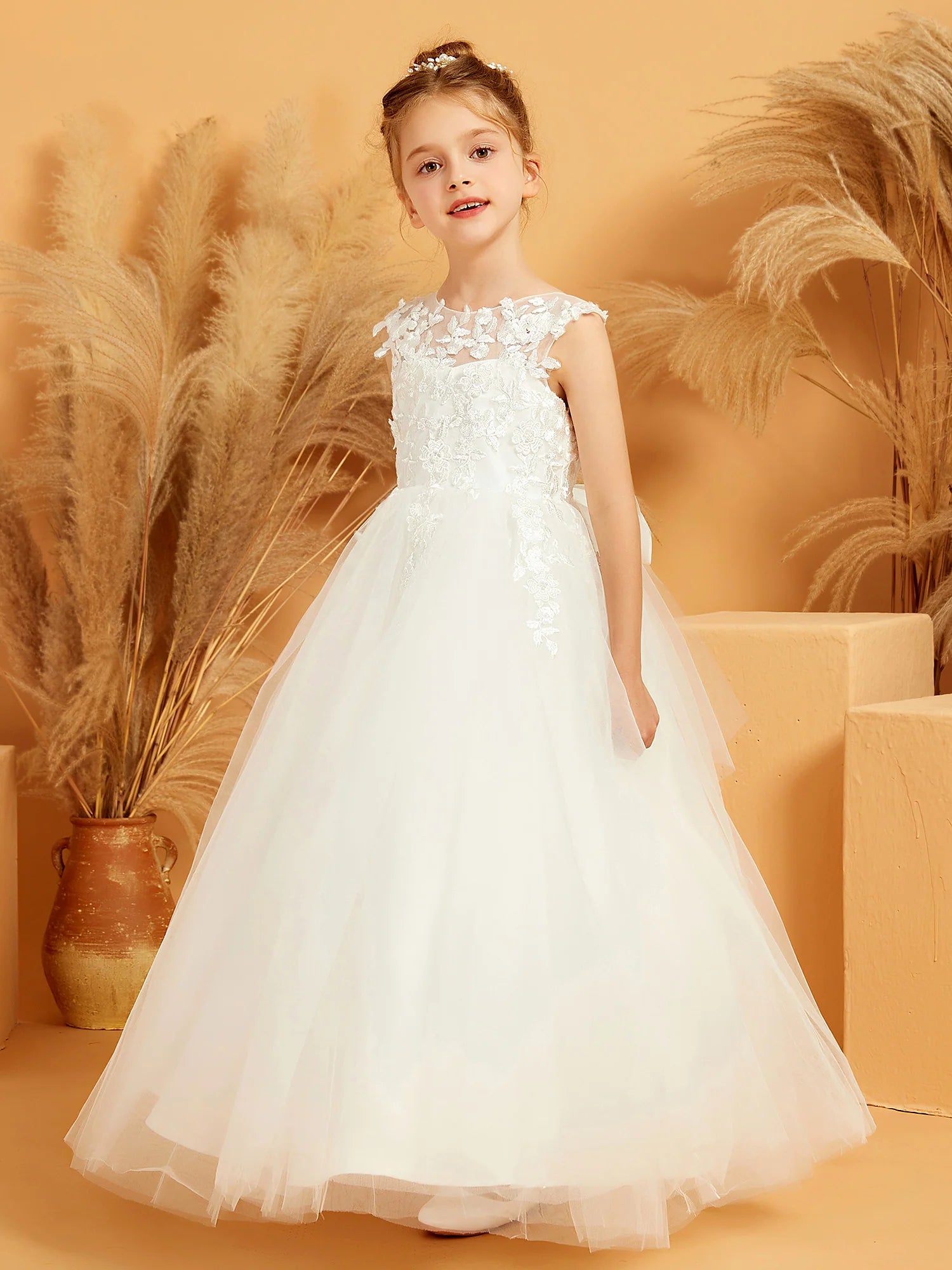 Sleeveless Illusion Neck 3D Floral Lace Tulle Ball Gown White Flower Girl Dresses