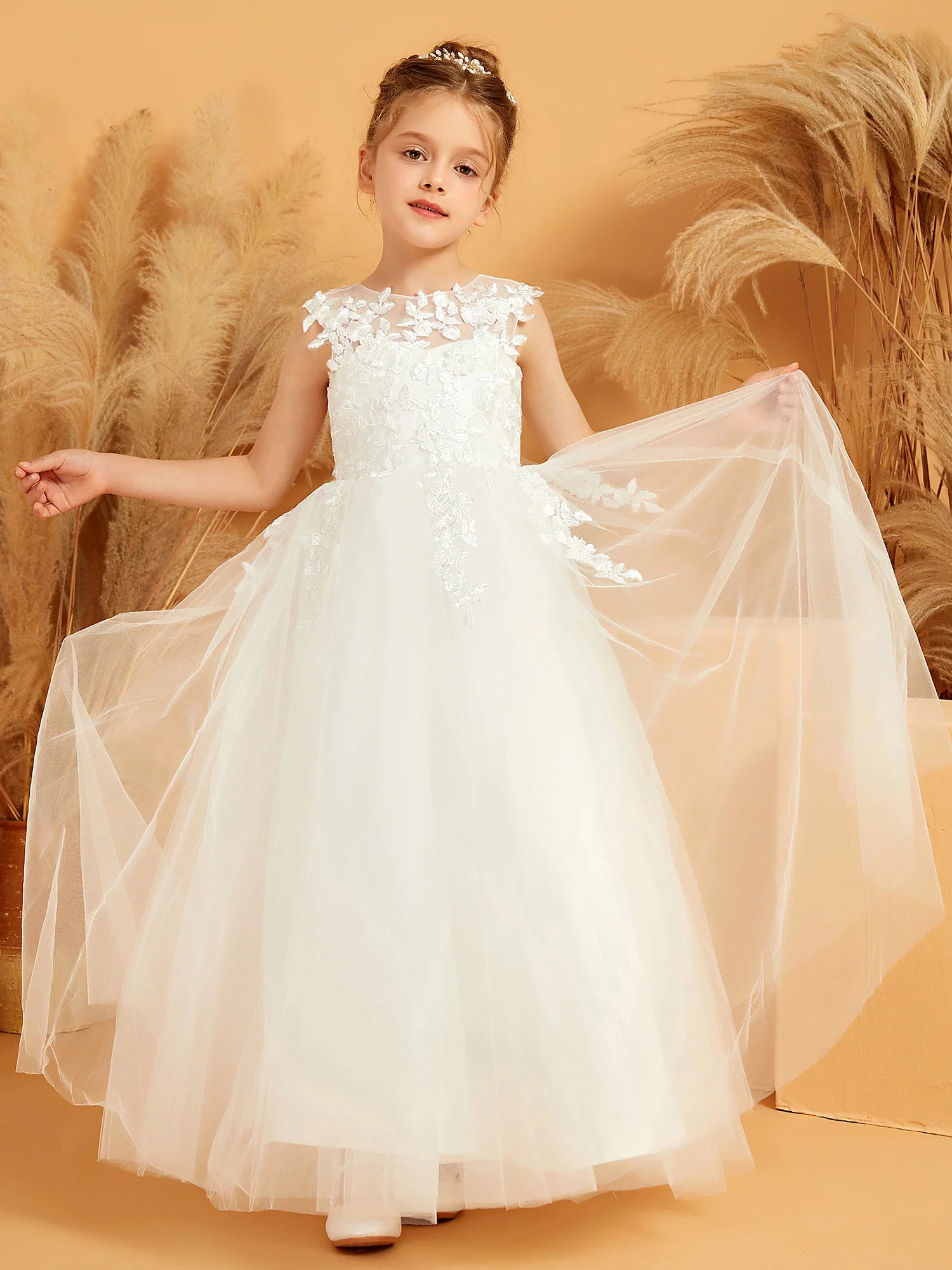 Sleeveless Illusion Neck 3D Floral Lace Tulle Ball Gown White Flower Girl Dresses