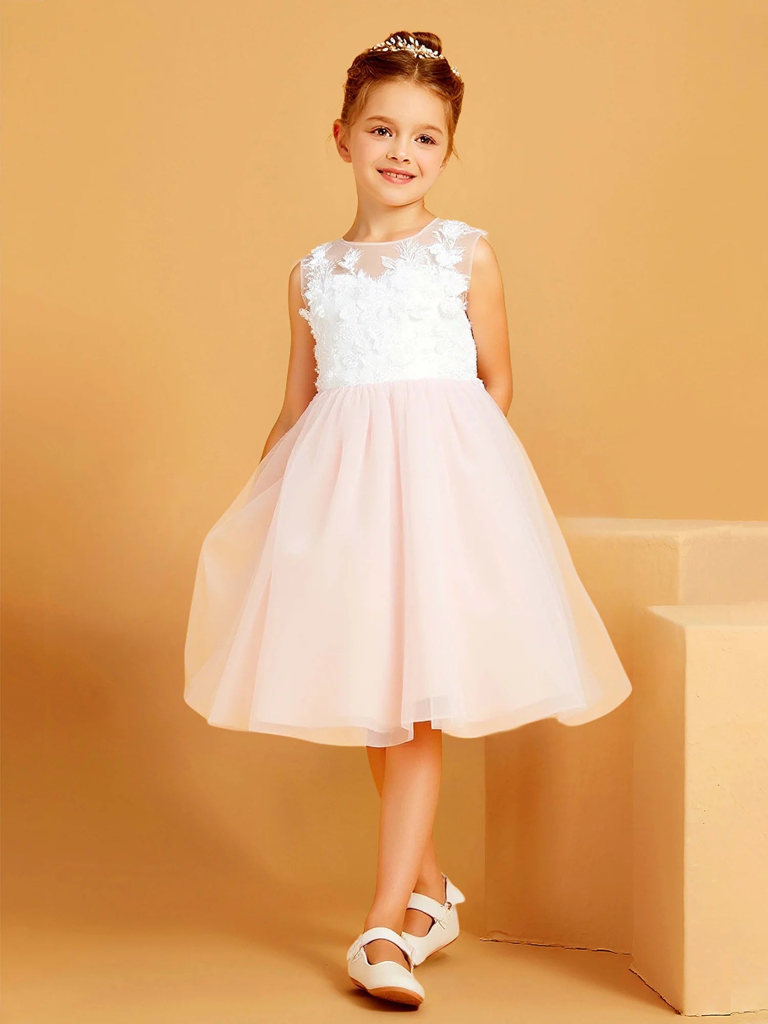 Sleeveless Illusion Neck 3D Floral Lace V Back Big Satin Bow Light Pink Tulle Knee Length Flower Girl Dresses