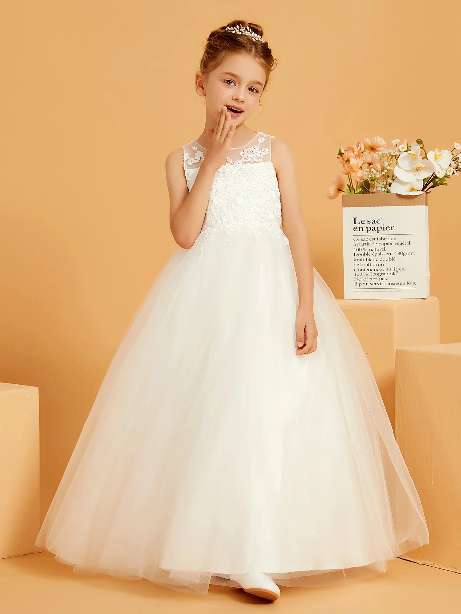 Sleeveless Illusion Neck Floral Lace White Tulle Floor Length Flower Girl Dresses