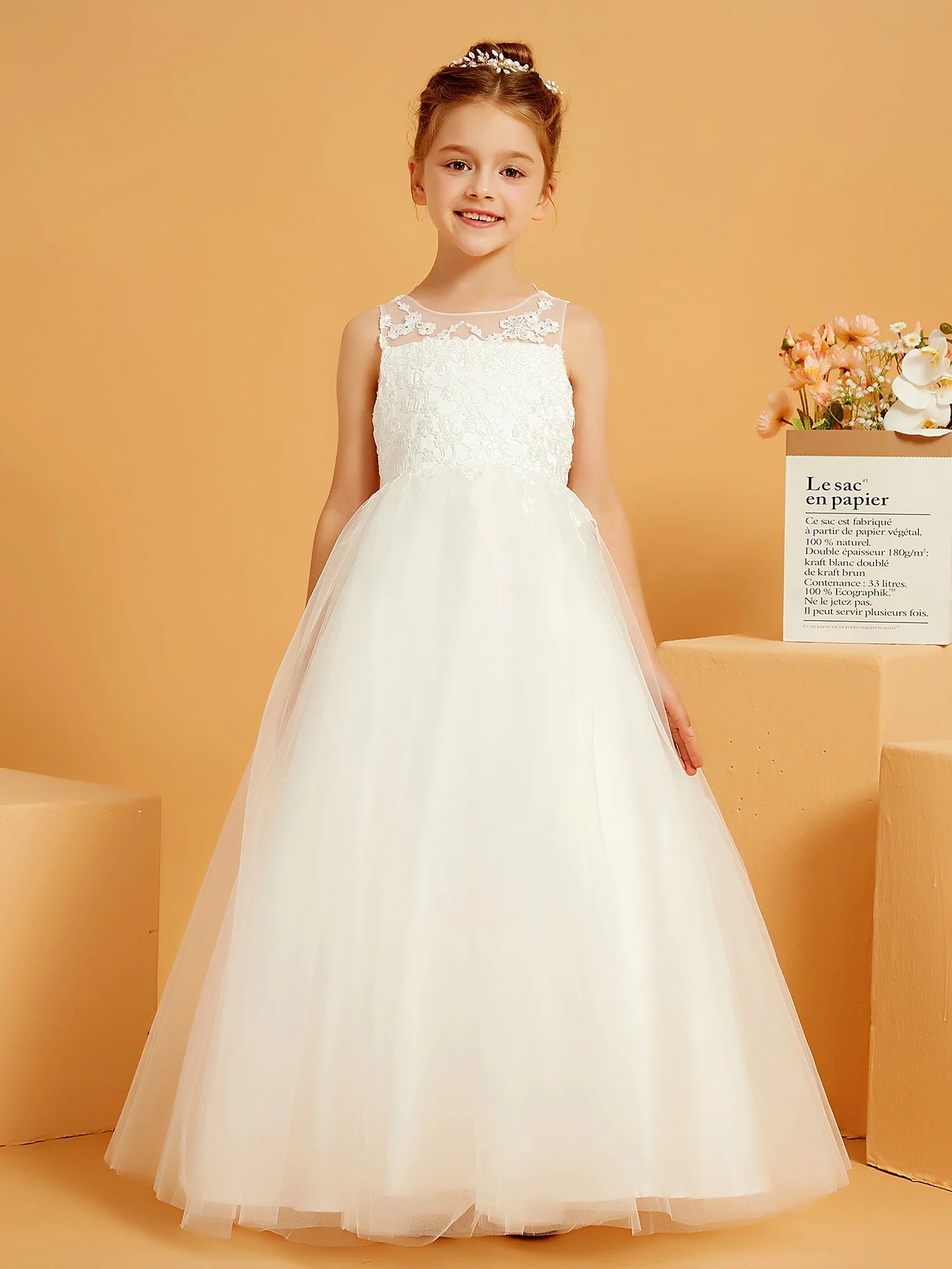 Sleeveless Illusion Neck Floral Lace White Tulle Floor Length Flower Girl Dresses
