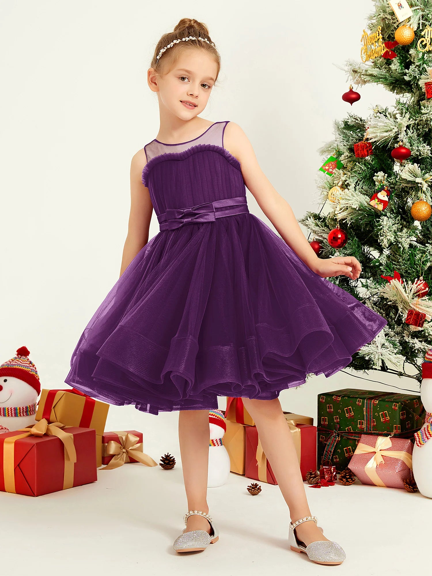 Sleeveless Illusion Neck Pleated Bodice Bow Purple Tulle Knee Length Flower Girl Dresses