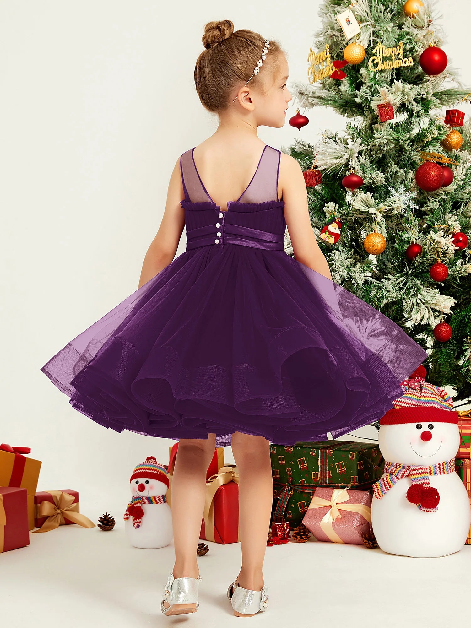 Sleeveless Illusion Neck Pleated Bodice Bow Purple Tulle Knee Length Flower Girl Dresses