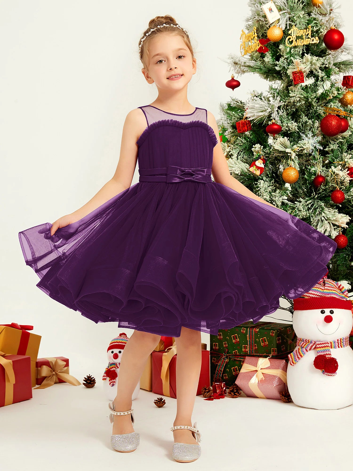 Sleeveless Illusion Neck Pleated Bodice Bow Purple Tulle Knee Length Flower Girl Dresses